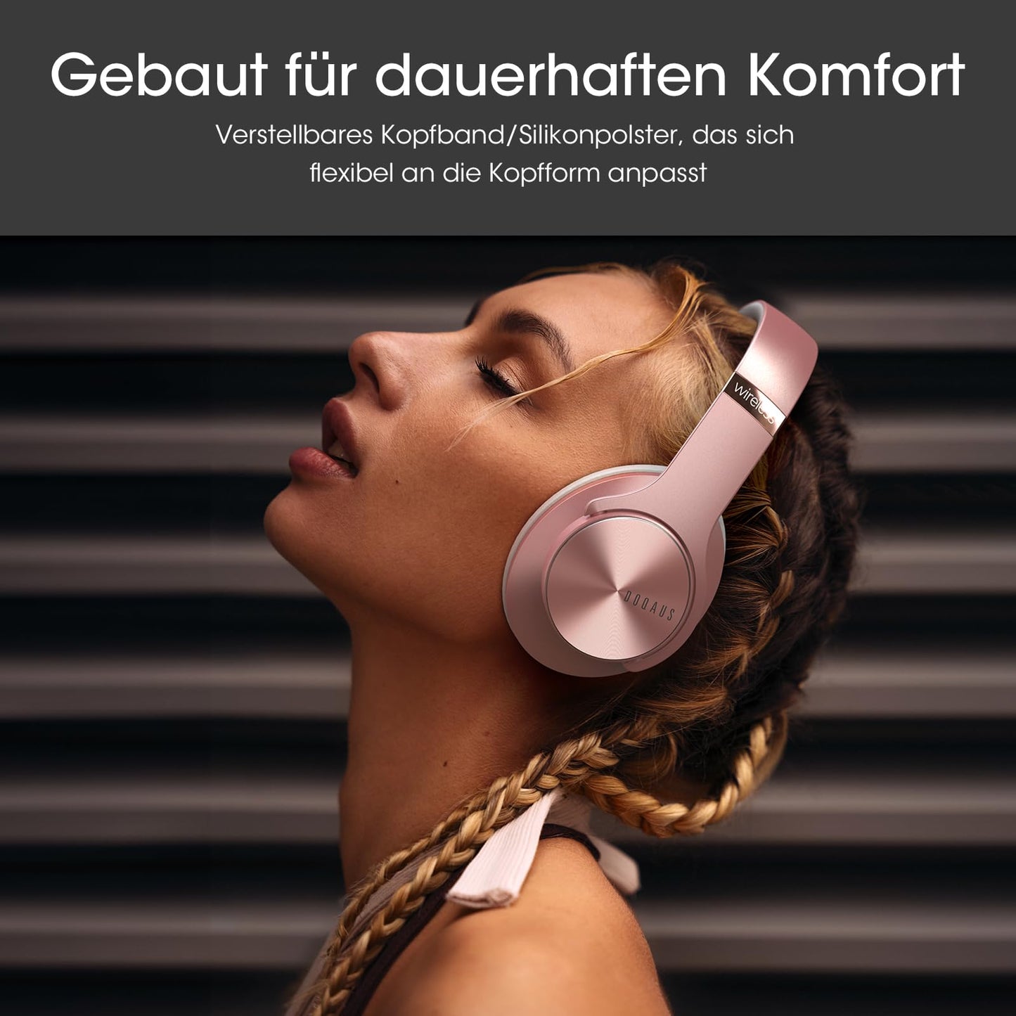 DOQAUS Bluetooth Headphones Over Ear, Up to 90 Hours Wireless Headphones with 3 EQ Modes, HiFi Stereo Foldable Headset with Microphone, Soft Ear Pads for Travel/Office/Cell Phone/PC/Laptops-Rose Gold - CARE1