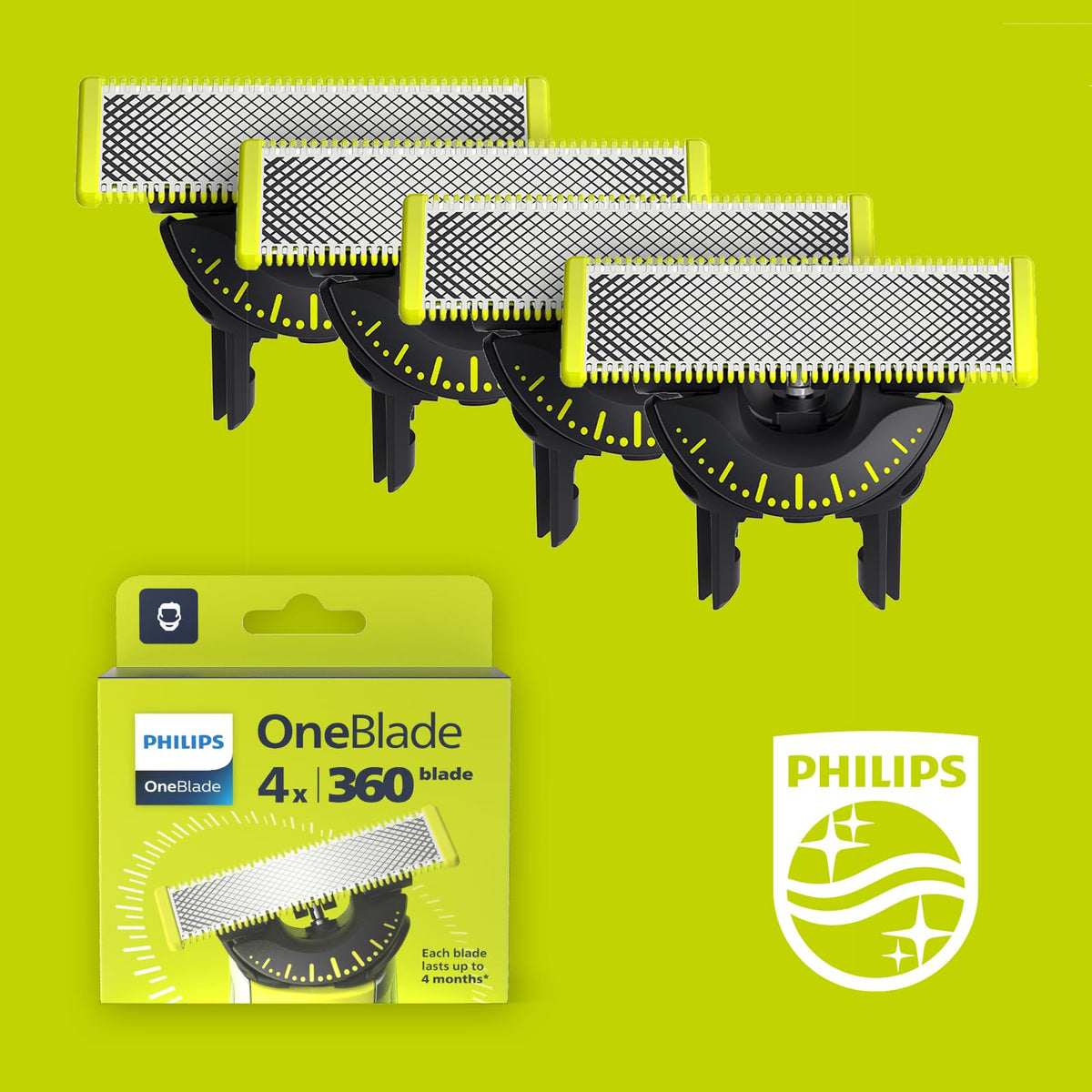 Philips OneBlade Original 360-lame, compatibil cu toate modelele OneBlade și Pro, original de la Philips, pachet de 4 bucăți (model QP440/50)