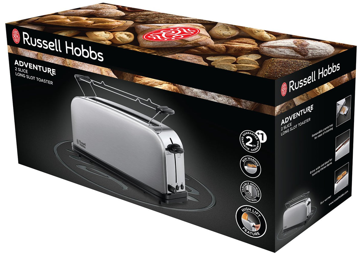 Russell Hobbs Toaster [Long Slot for 2 Slices / 1 Wide Slice of Bread] Adventure Stainless Steel (extra wide toast slot, includes bun attachment, 6 browning levels + defrost function, 1000W) 21396-56