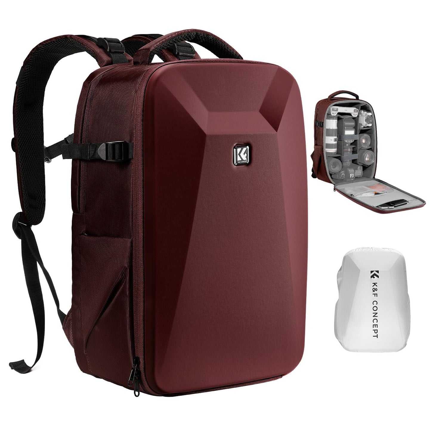 K&F CONCEPT camera backpack photo backpack with hard shell camera bag with 15.6 inch laptop compartment and rain cover, backpack for drones, red - KF13.134V5