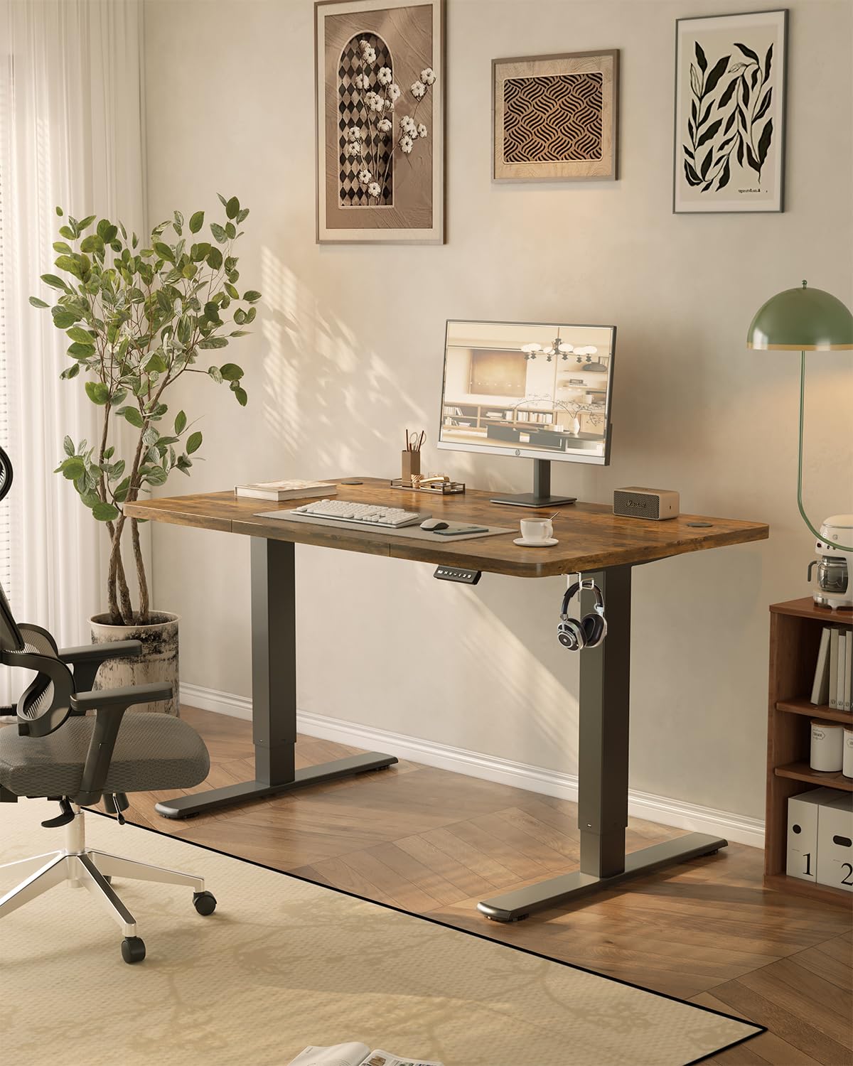 JUMMICO Birou reglabil pe înălțime cu port de încărcare USB, birou reglabil electric 120 x 60 cm, masă stand-sit, birou standing, masă de calculator reglabilă, birou standing, maro - 0403