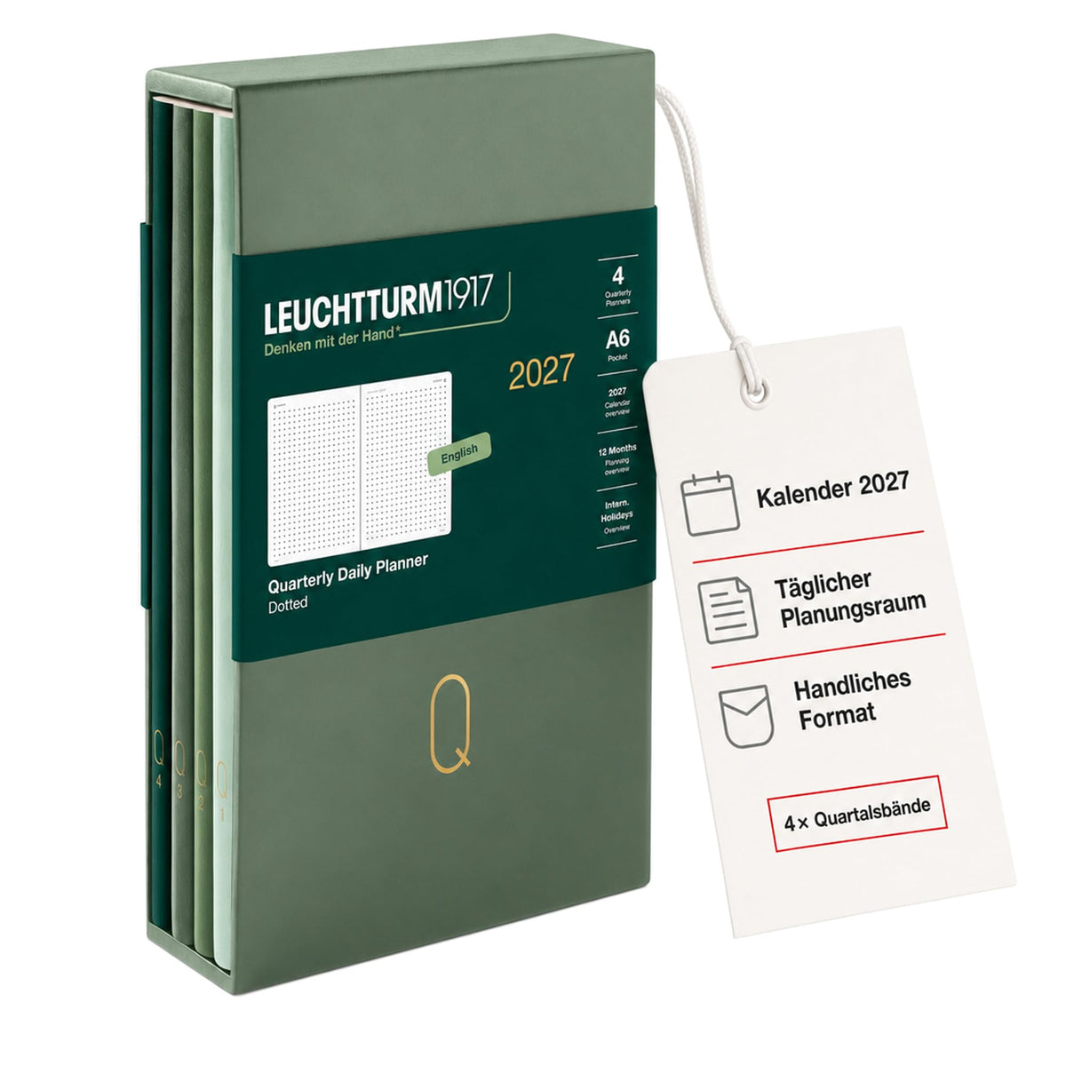 LEUCHTTURM1917 Quarterly Daily Calendar 2027 Dotted, Pocket (A6), Flexcover, Set of 4 (1 calendar per quarter), Shades of Green, Calendar Overview 2027, 12-Month Planning, Moon Phases & International Holidays - 400374