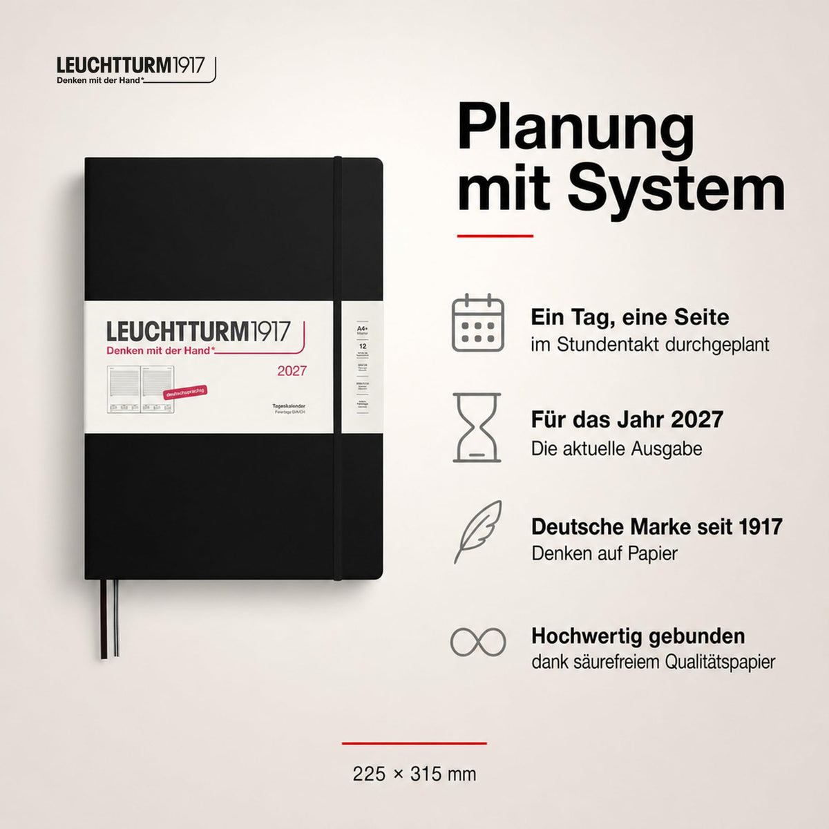 LEUCHTTURM1917 Calendar zilnic 2027 A4+ (Master) - germană, negru, 225 x 315 mm, ianuarie-decembrie (12 luni), 1 pagină pe zi, grilă orară 7:00-22:00, copertă cartonată, hârtie de 100 g/m² - 400156