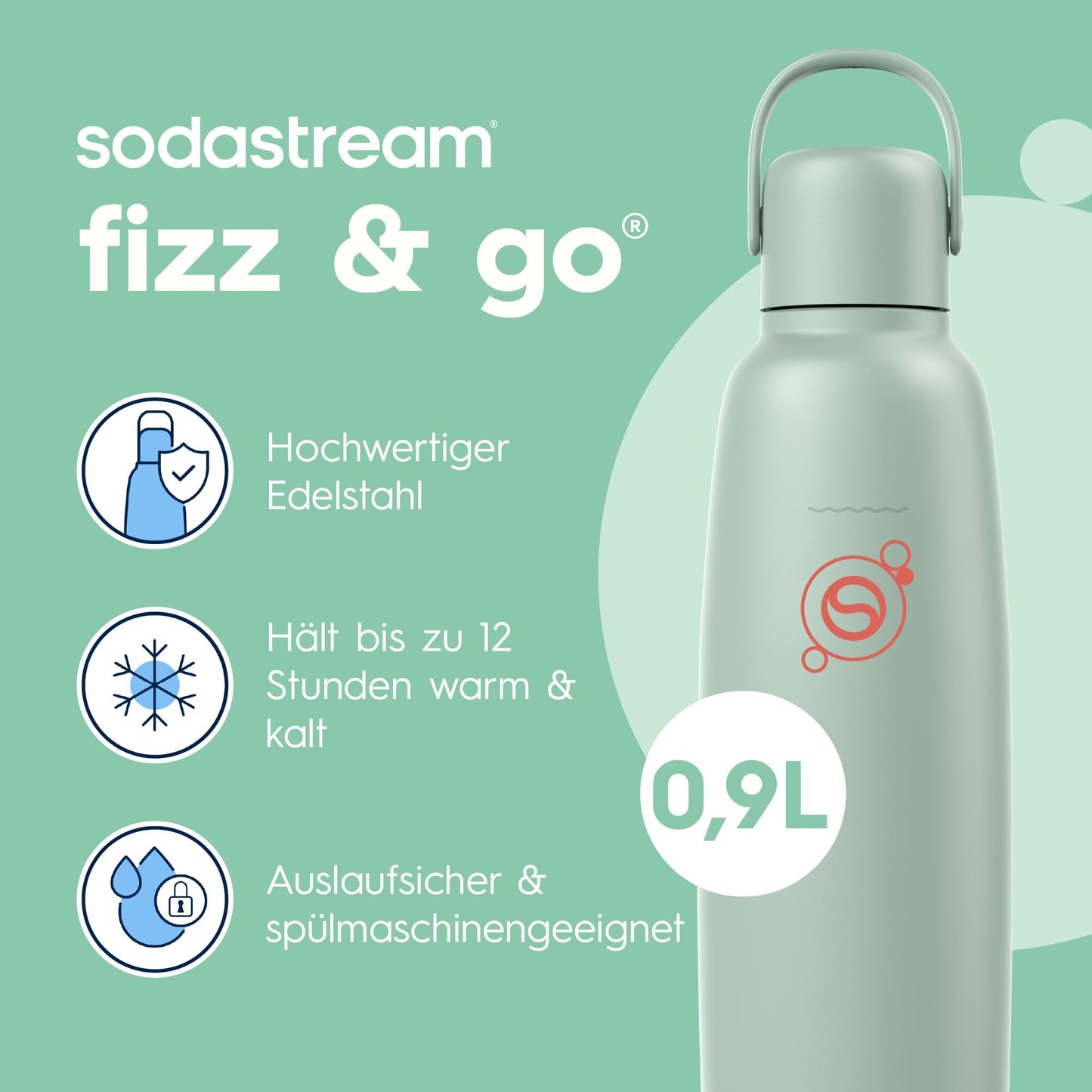 sodastream fizz & go stainless steel bottle 0.9L, thermos bottle, mint green - 1062412980