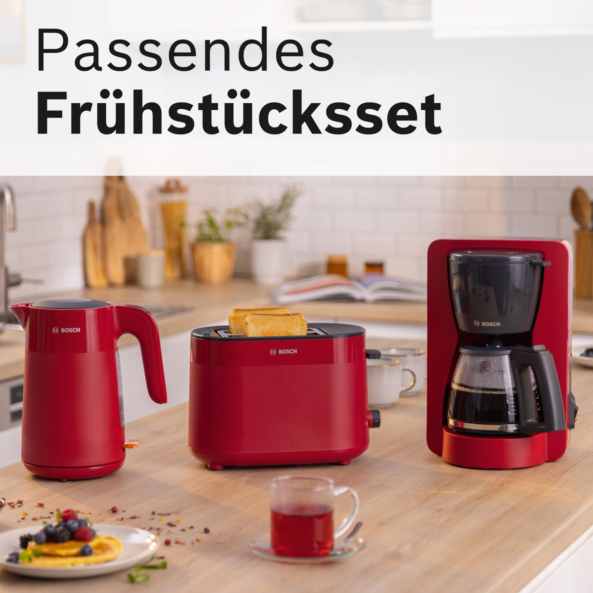 Bosch Compact Toaster MyMoment TAT2M124, integrated bun warmer, with defrost function, automatic shut-off, lift function, bread centering, perfect for 2 slices, 800 Watts, Matte Red