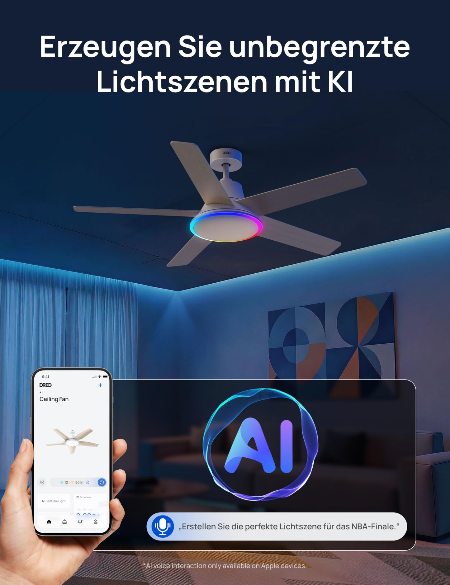 DREO Smart Ceiling Fan with Light, 52" 12 Speeds, 3 Modes, Continuously Dimmable LED Lighting, Quiet DC Motor, 12H Timer, Remote Control/APP/Alexa, Indoor, White - DR-HCF001AS