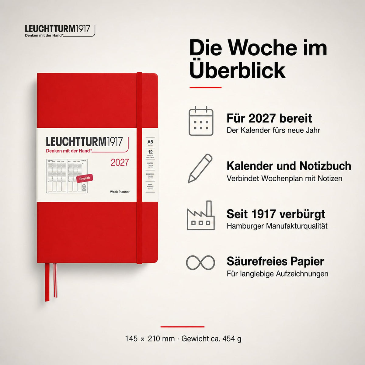 LEUCHTTURM1917 Planificator săptămânal 2027 Mediu (A5) - engleză, cireș, 210 x 145 mm, ianuarie-decembrie (12 luni), prezentare generală săptămânală cu grilă orară 7:00-22:00 per coloană, copertă cartonată, hârtie de 80 g/m² - 400314