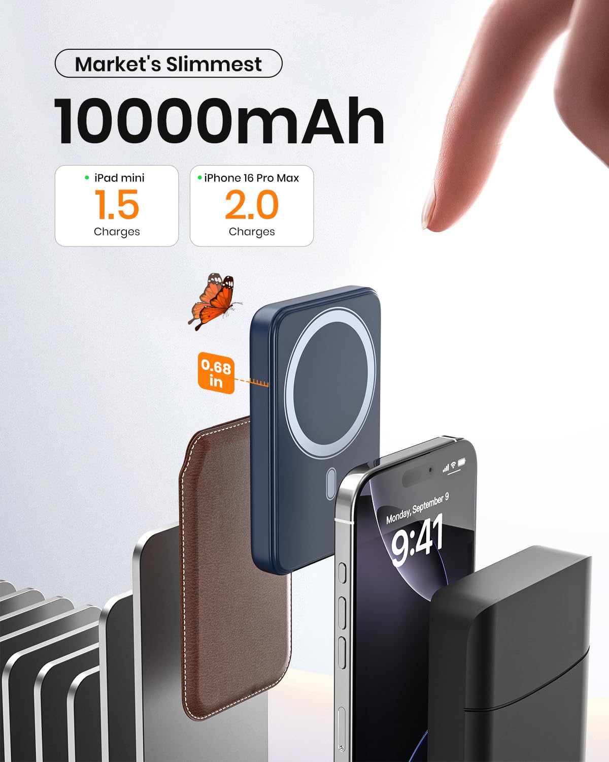 A ADDTOP Magnetic Power Bank 10000mAh- 20W Schnelllade iPhone Ladegerät for Magnetisch, UltraSlim Wireless Portable Charger with USB-C In&Out, LED Display Akku-Pack für iPhone 17/16/15/14/13/12 Blau - C19PW