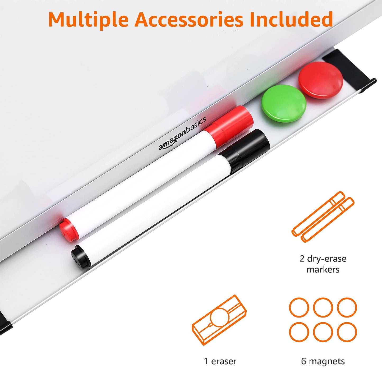Amazon Basics magnetic whiteboard with aluminum frame, pen holder, 6 magnets, 1 eraser and 2 markers for office and home, wall mounting, dry wipe, 150cm x 100cm - 1548964542