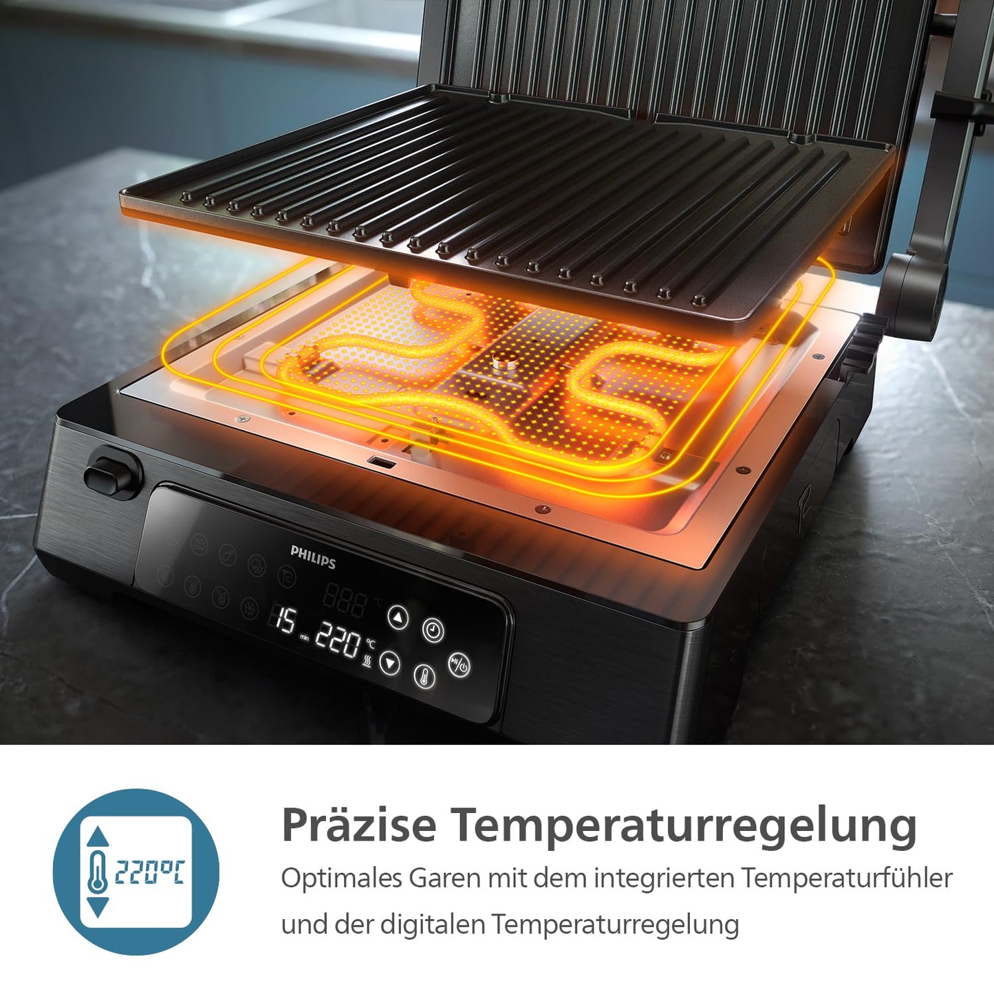 Philips contact grill - temperature sensor and 8 preset functions Grill with large grill surface. Digital temperature control 60°C-220°C. Easy to clean (HD6307/70)
