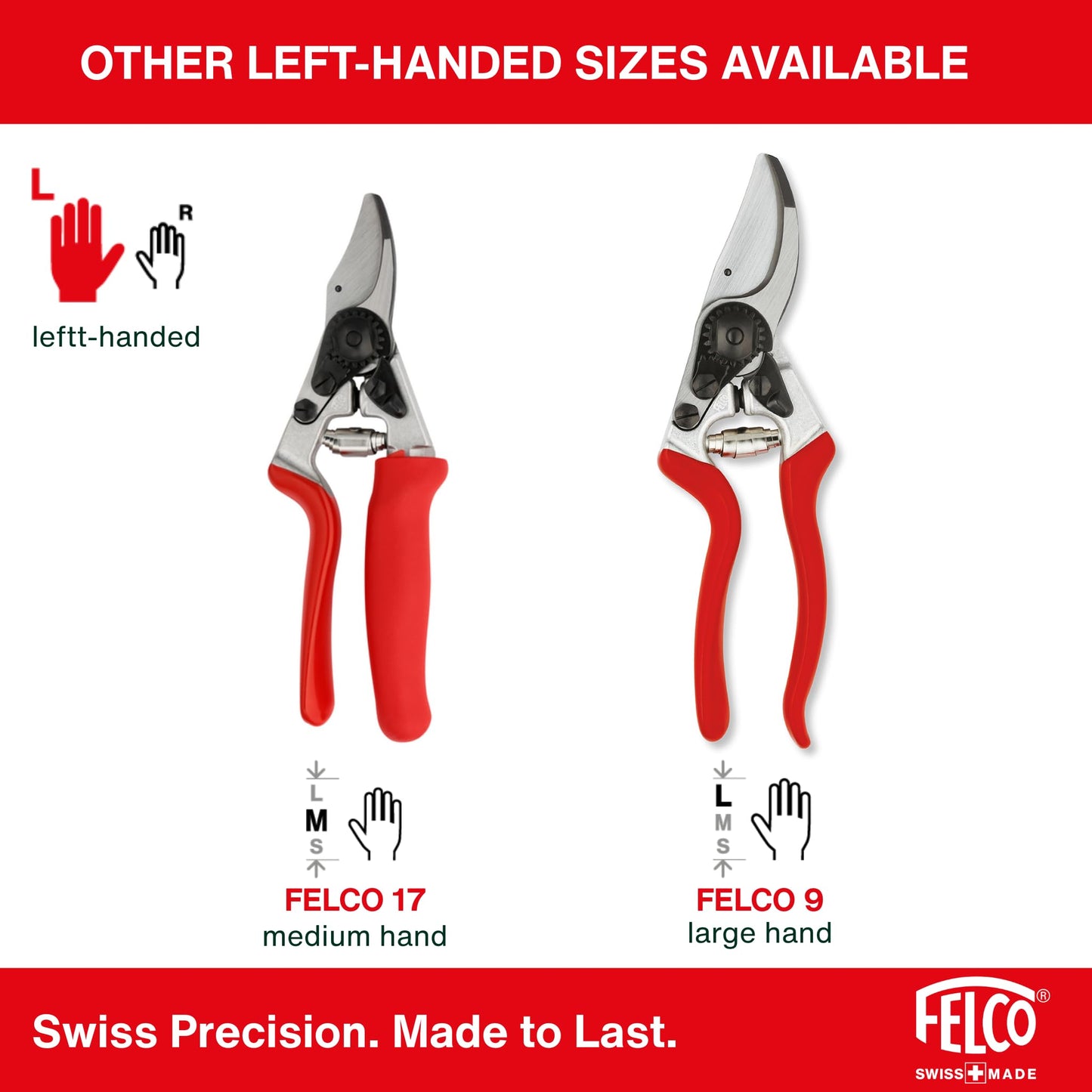 FELCO 16 bypass secateurs for left-handed medium-sized hands, 42 mm hardened steel blade, forged aluminum handles, cut up to 20 mm, ergonomic, Swiss Made