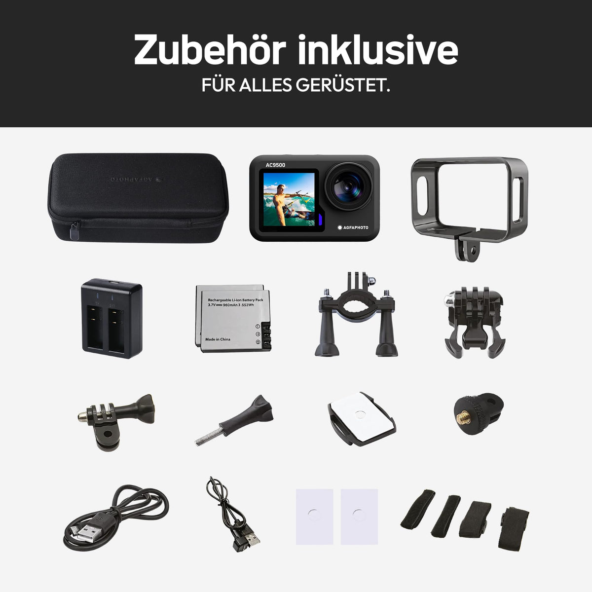 AgfaPhoto - Cameră sport - AC9500 - Real 4K 30FPS, Ecran tactil dublu, Stabilizare EIS, Rezistentă la apă până la 18m - WiFi - 12 accesorii incluse - 3760265544219