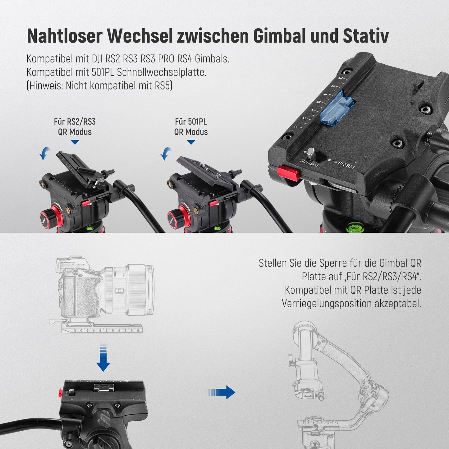 NEEWER 189cm video tripod video tripod with damping fluid head, metal heavy duty dual mode QR plate, photo tripod camera tripod compatible with DJI RS gimbals, TP75