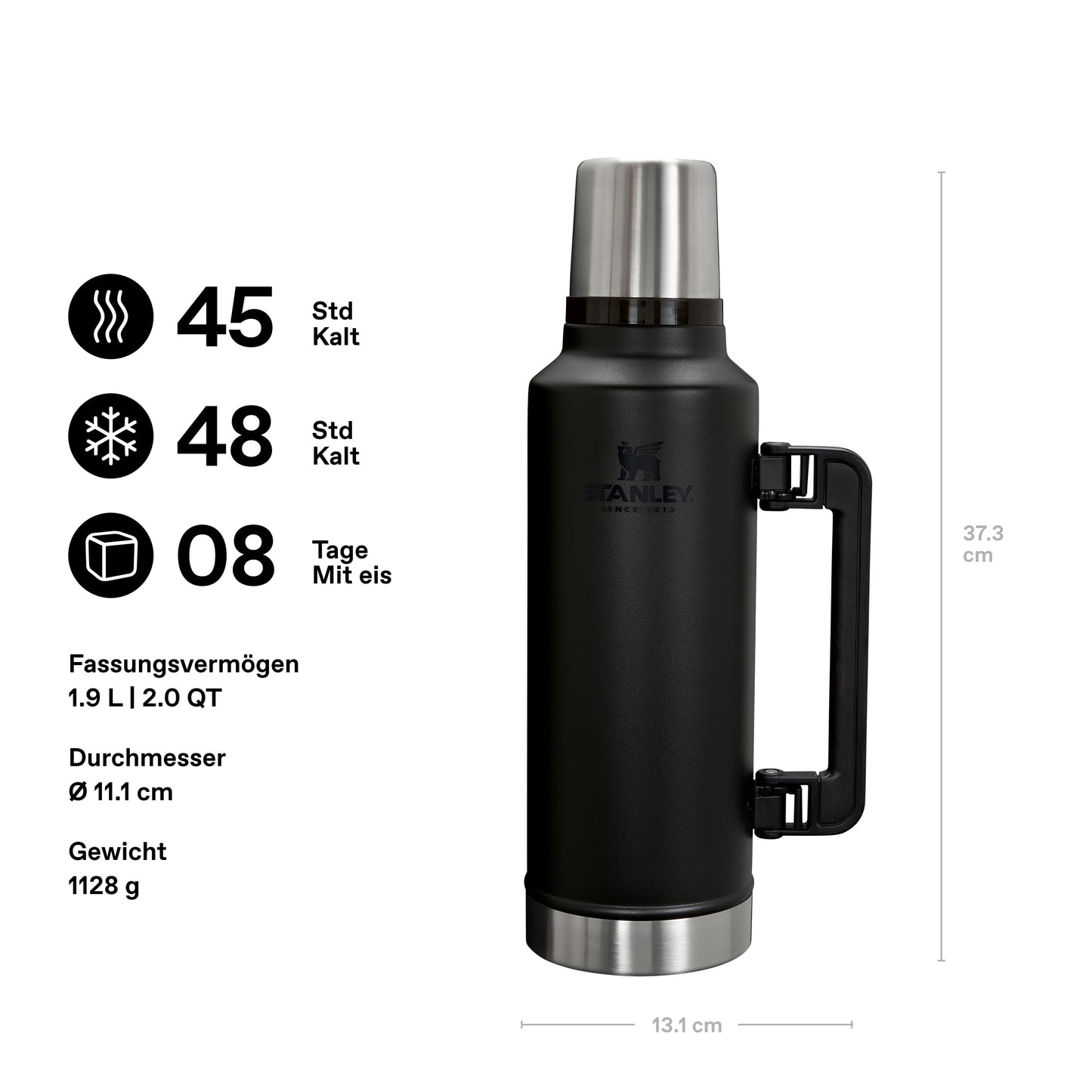 Stanley 1913 Classic Legendary Thermos Bottle 1.9L - Thermos Keeps Hot or Cold for 45 Hours - Stainless Steel Thermos Flask - BPA Free - Dishwasher Safe - Black 2.0 - 100000116022