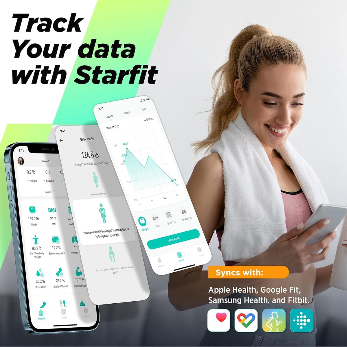 RunSTAR Cântar de grăsime corporală, cântar digital pentru persoane cu display mare, analizator pentru 13 valori esențiale ale corpului, cu sincronizare prin aplicație - Alb - FG2431W