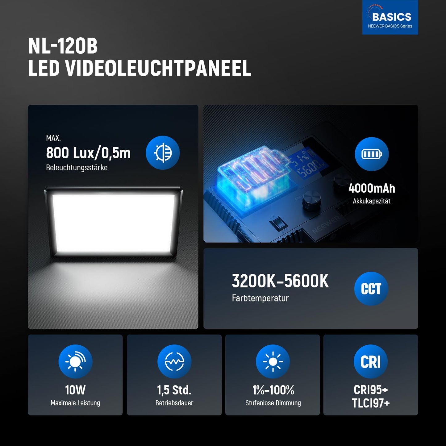 NEEWER Basics 9" LED Panel Video Light, 3200-5600K Edge Lit Photo Light, Dimmable Camera Soft Key Light, CRI95+ 800Lux, 4000mAh Rechargeable for Video Recording Streaming Selfies Vlogs Studio, NL-120B