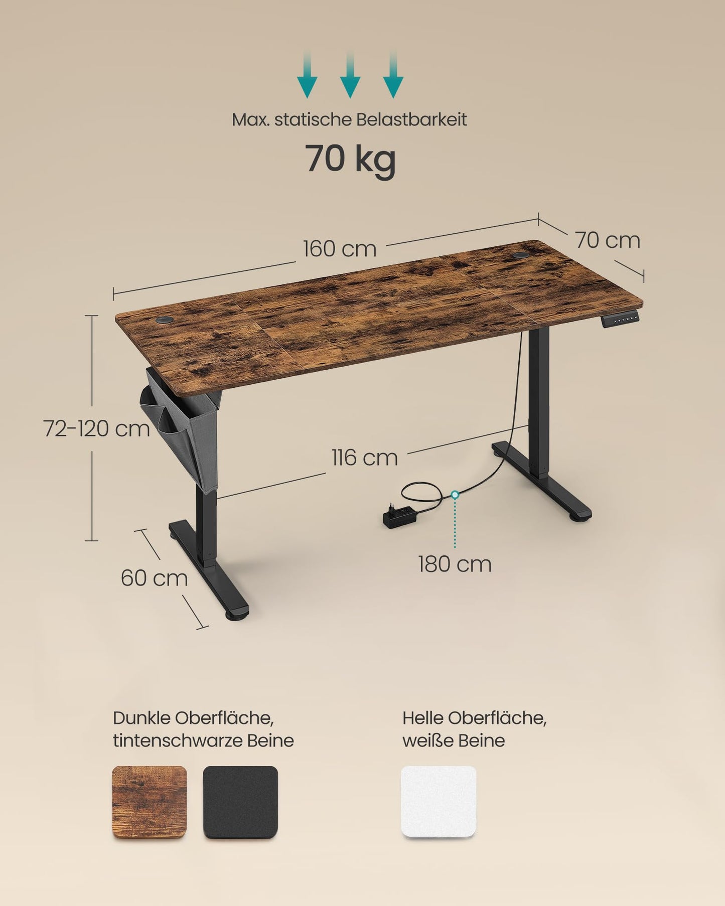 SONGMICS Electric height-adjustable desk, 160 x 70 cm, infinitely adjustable, memory function with 4 heights, vintage brown LSD136K01