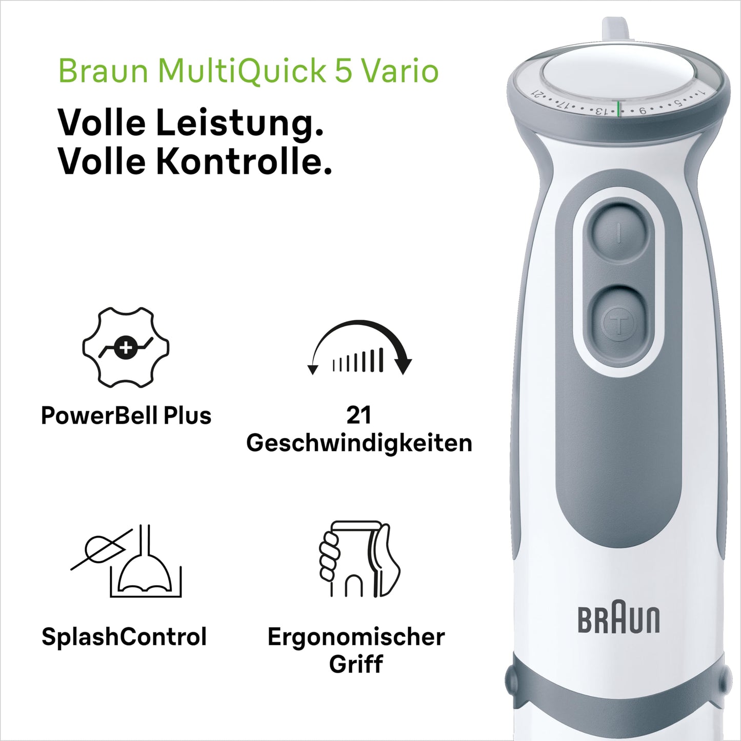 Braun hand blender MQ 5245WH hand blender - MultiQuick 5 Vario hand blender with stainless steel mixing foot, 1000 watts, including 4-piece accessory set, white/gray