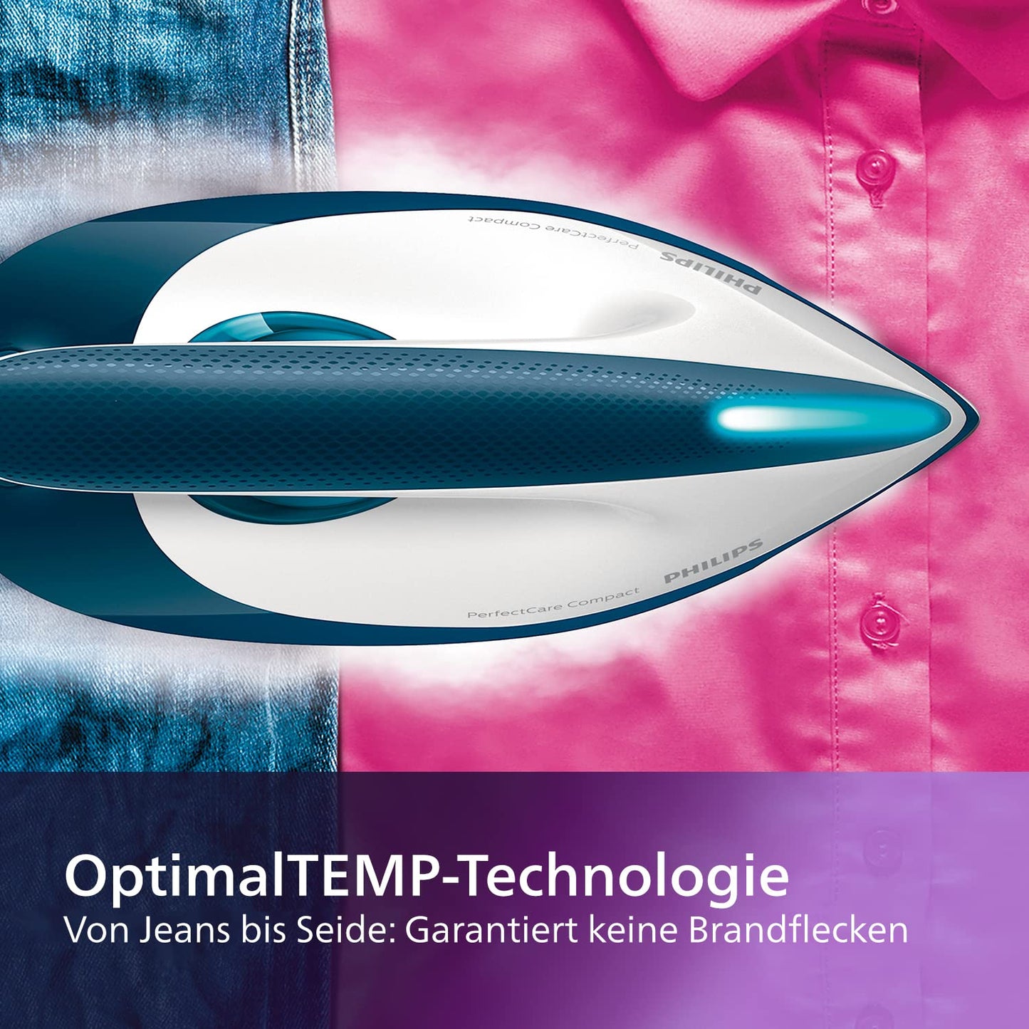 Philips Domestic Appliances Perfect Care Compact steam iron station - OptimalTemp technology, 120 g/min continuous steam, 2400 watts, 6.5 bar pressure, 1.5 L water tank, SteamGlide soleplate, blue (GC7844/20)