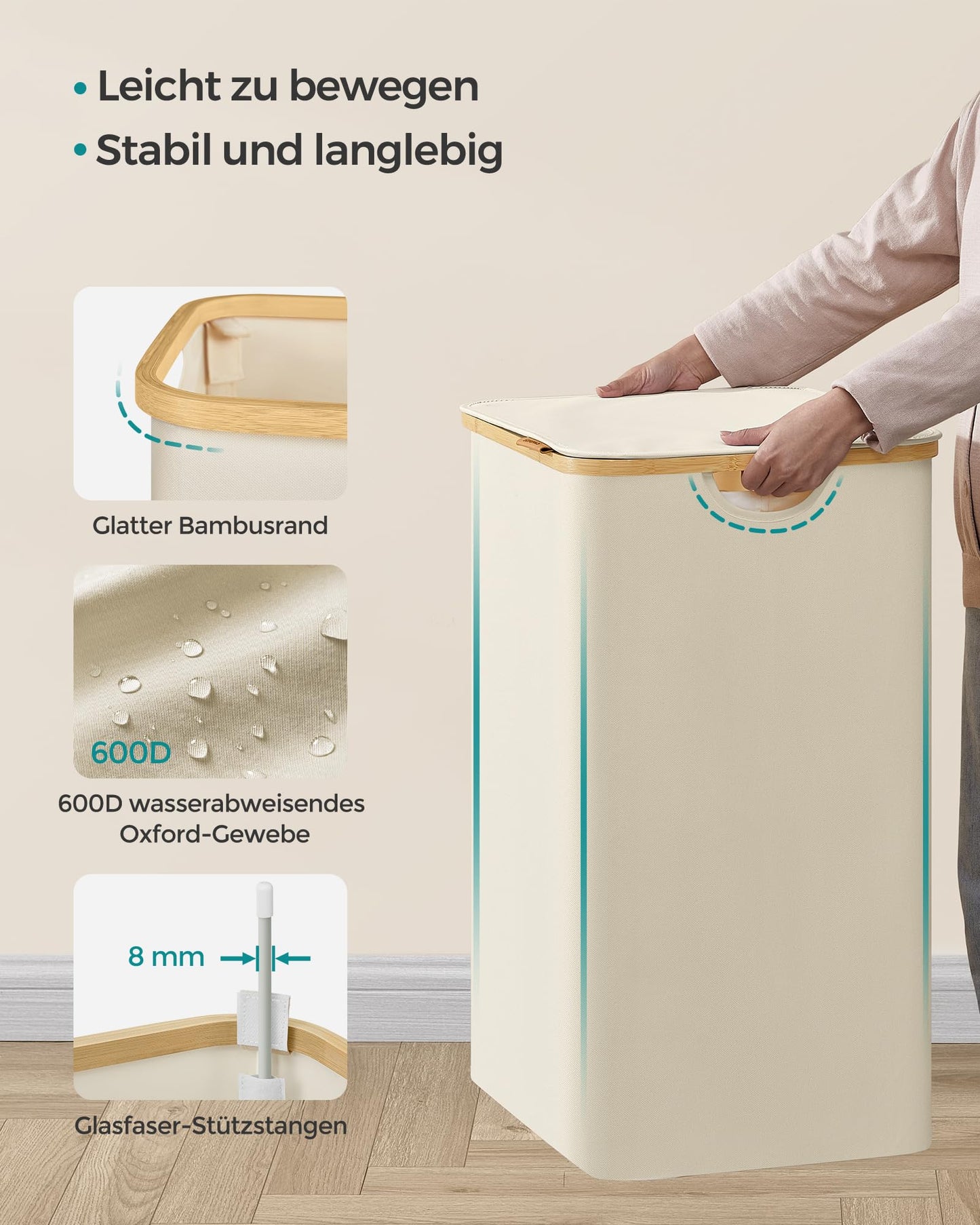 SONGMICS Laundry Basket with Lid, Laundry Hamper with 3 Compartments, 150L, Removable Laundry Bag, Oxford Fabric, Bamboo Handles, Foldable, 60 x 38.5 x 70.5 cm, Cream White LCB515W01 - PCT611W01
