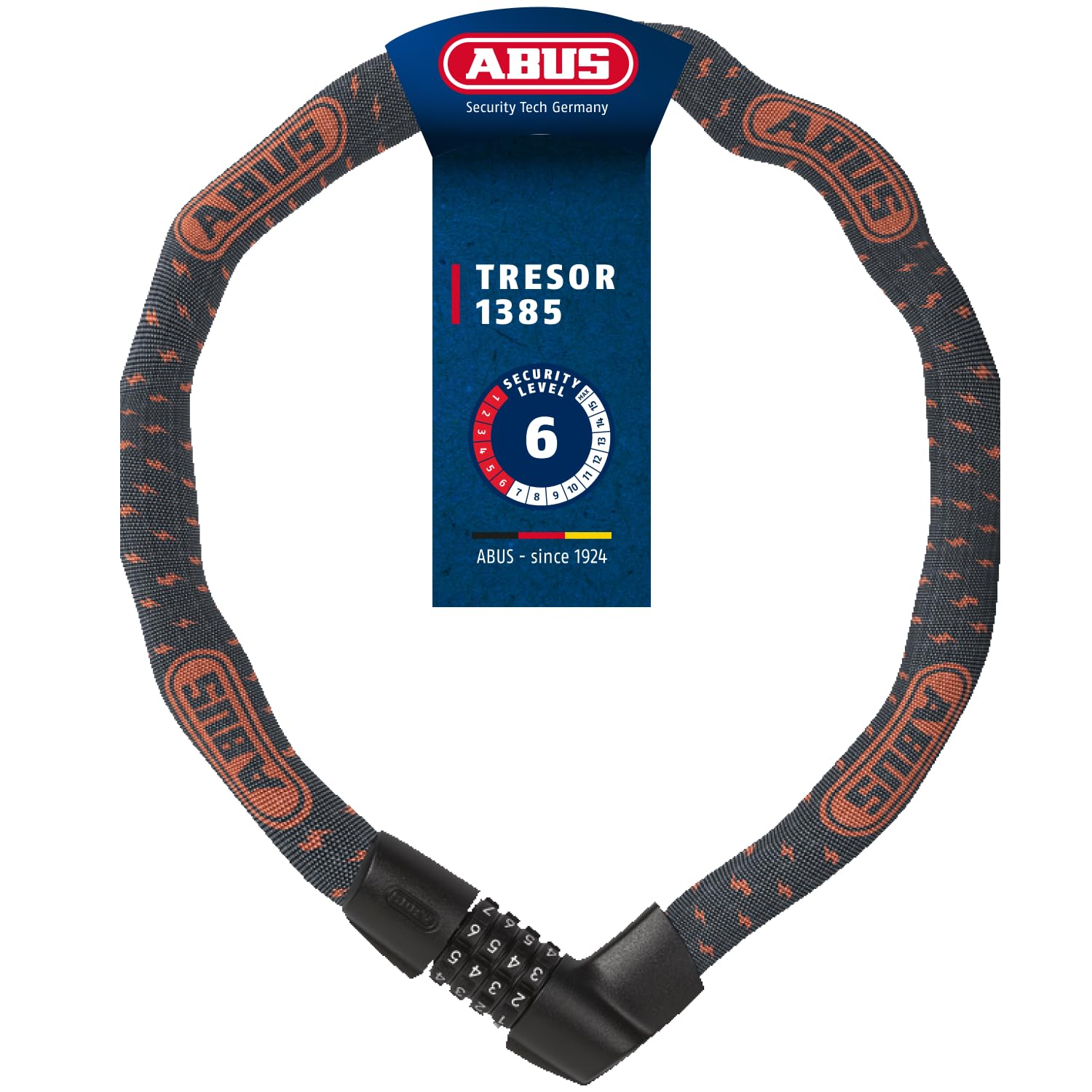 ABUS chain lock Tresor 1385/75 Gray Lightning - combination lock made of hardened steel - 6 mm thick square chain - ABUS security level 6 - 75 cm - gray - 88012