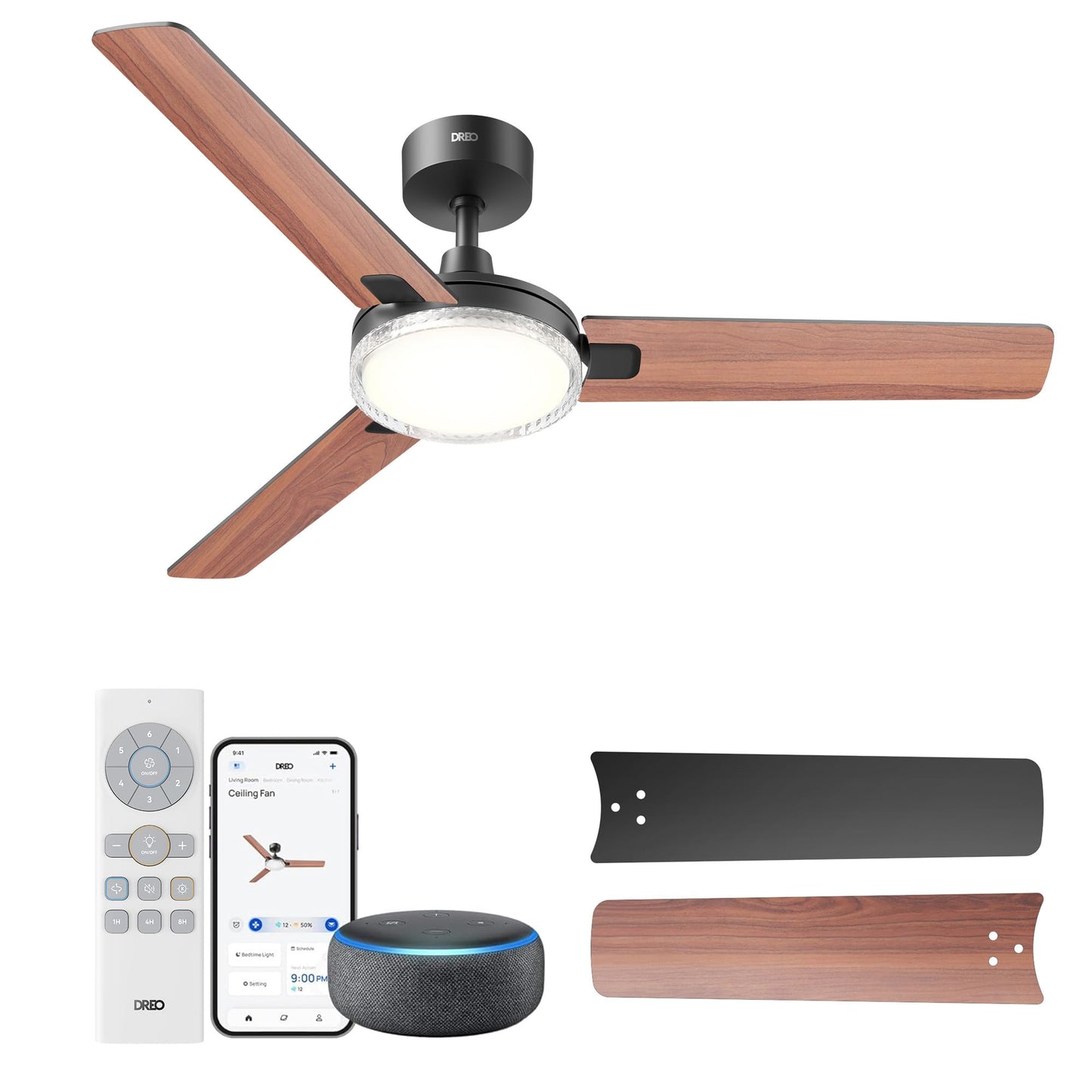 DREO Smart Ceiling Fan with Light, 132cm, 12 Speeds & 3 Modes, Continuous Color Temperature, Dimmable LED, 1-12 Hour Timer, Quiet DC Motor, App & Alexa Control, Wall Switch, Black - DR-HCF004S