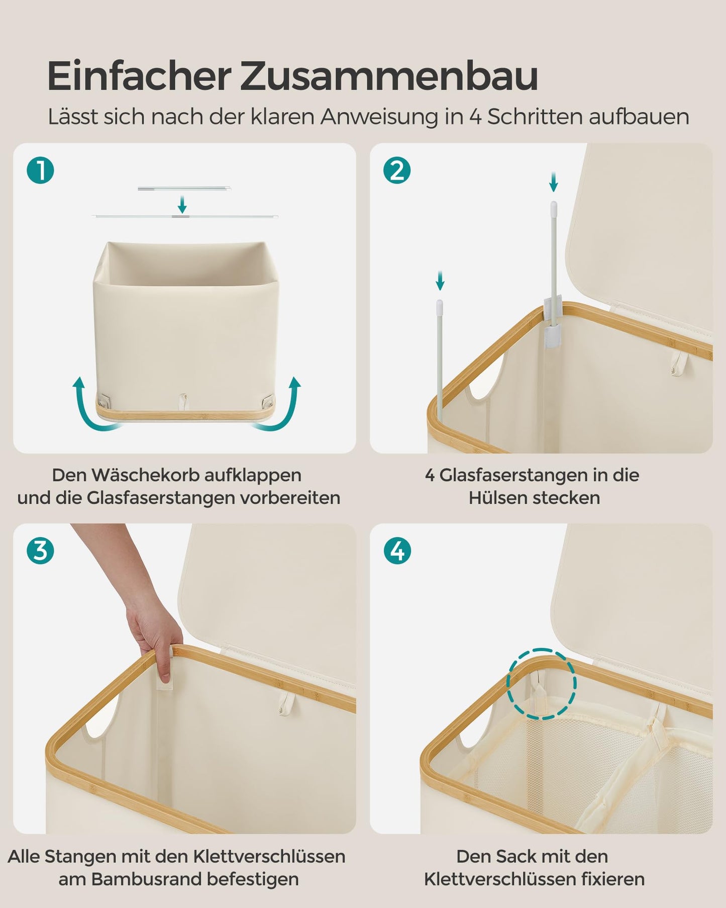 SONGMICS Laundry Basket with Lid, Laundry Hamper with 2 Compartments, 130L, Removable Laundry Bag, Oxford Fabric, Bamboo Handles, Foldable, 52 x 38.5 x 70.5 cm, Cream White LCB513W01 - LCB513W01V1