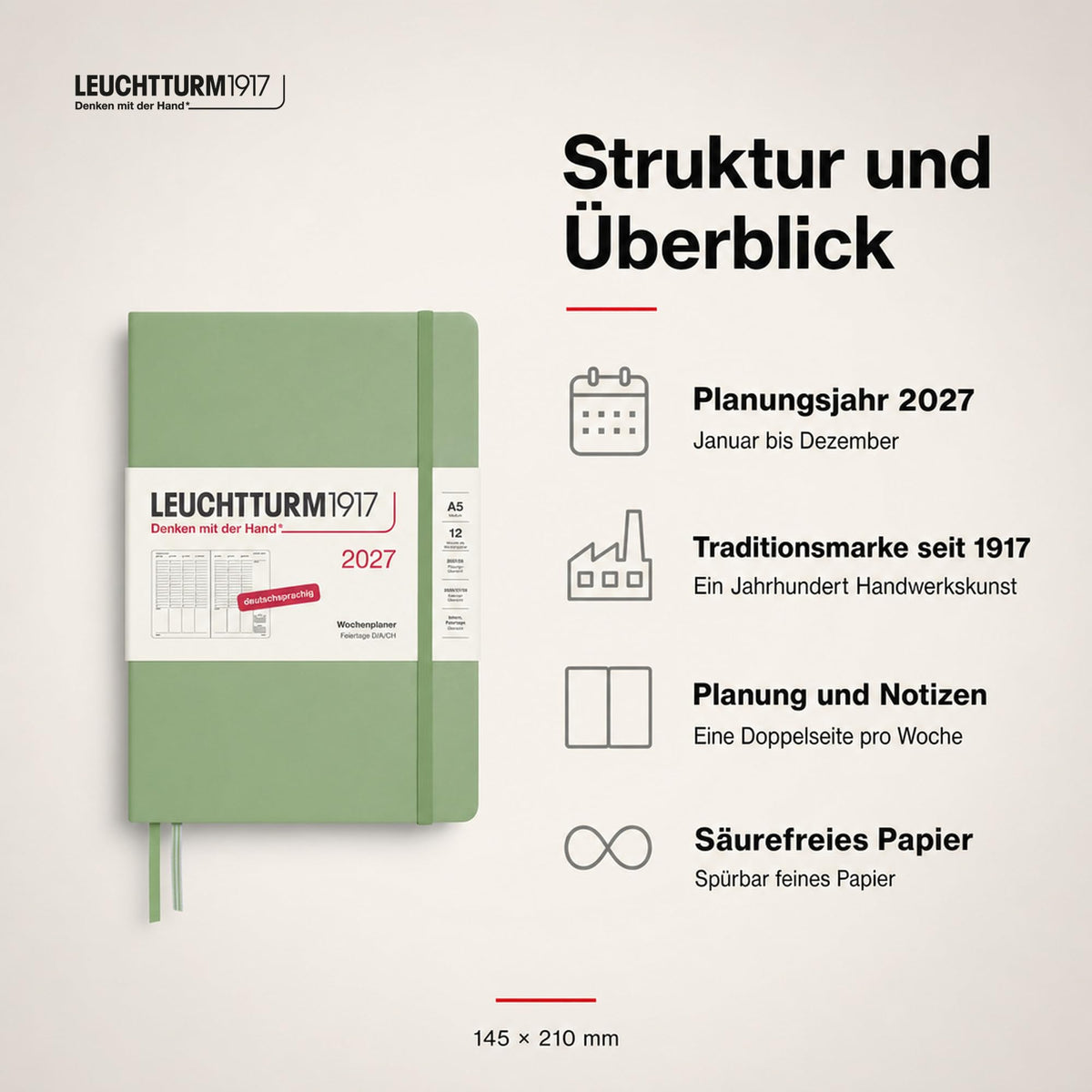 LEUCHTTURM1917 planificator săptămânal 2027 Medium (A5) - germană, salvie, 210 x 145 mm, ianuarie-decembrie (12 luni), prezentare generală săptămânală cu grilă orară 7:00-22:00 per coloană, copertă cartonată, hârtie de 80 g/m² - 400149