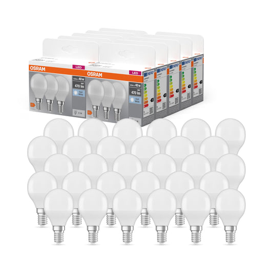 Osram LED BASE Classic P40, matte filament LED bulbs made of glass for E14 socket, candle shape, cool white (4000K), 470 lumens, replacement for traditional 40W incandescent bulbs, 30 pieces (1 pack)