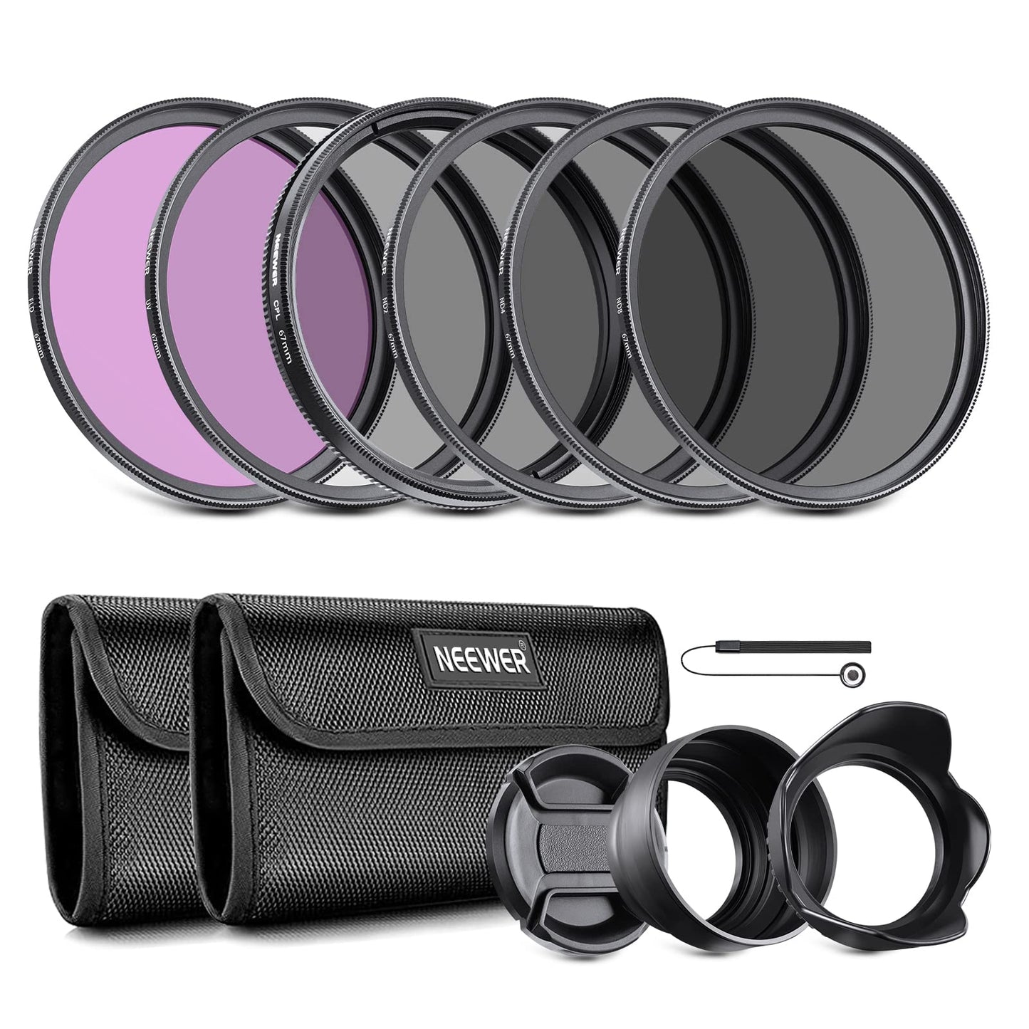 NEEWER 67mm lens filter set: UV CPL, FLD, ND2 ND4 ND8, lens hood - 10083801