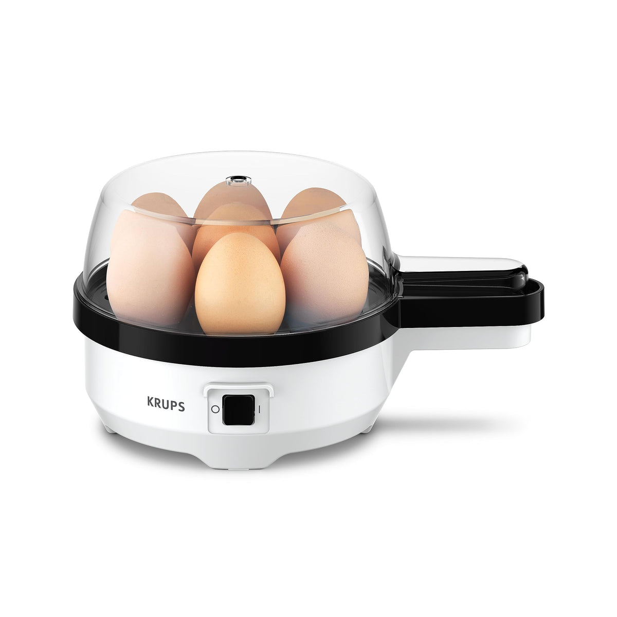 Krups Ovomat Spezial Eierkocher, pentru până la 7 ouă, inclusiv cană de măsurare a apei cu perforator pentru ouă, suport pentru ouă, semnal sonor, EG233115, Alb/Negru
