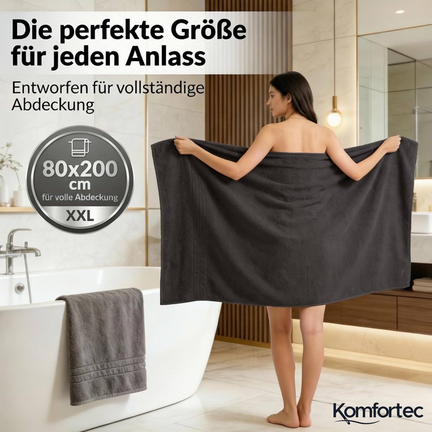 Komfortec 2 sauna towel set 80x200 cm, large sauna towels made of 100% cotton, sauna towels, fluffy and absorbent, quick-drying, anthracite grey/black - 2er-80x200-anthrazit-schwarz