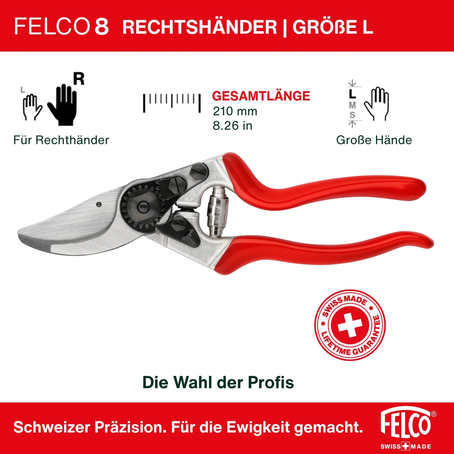 FELCO 8 right-handed bypass pruner, ergonomic for large hands, 52mm steel blade, 25mm cutting diameter, shock absorber, forged aluminum handles, angled cutting head, Swiss Made - 100052387