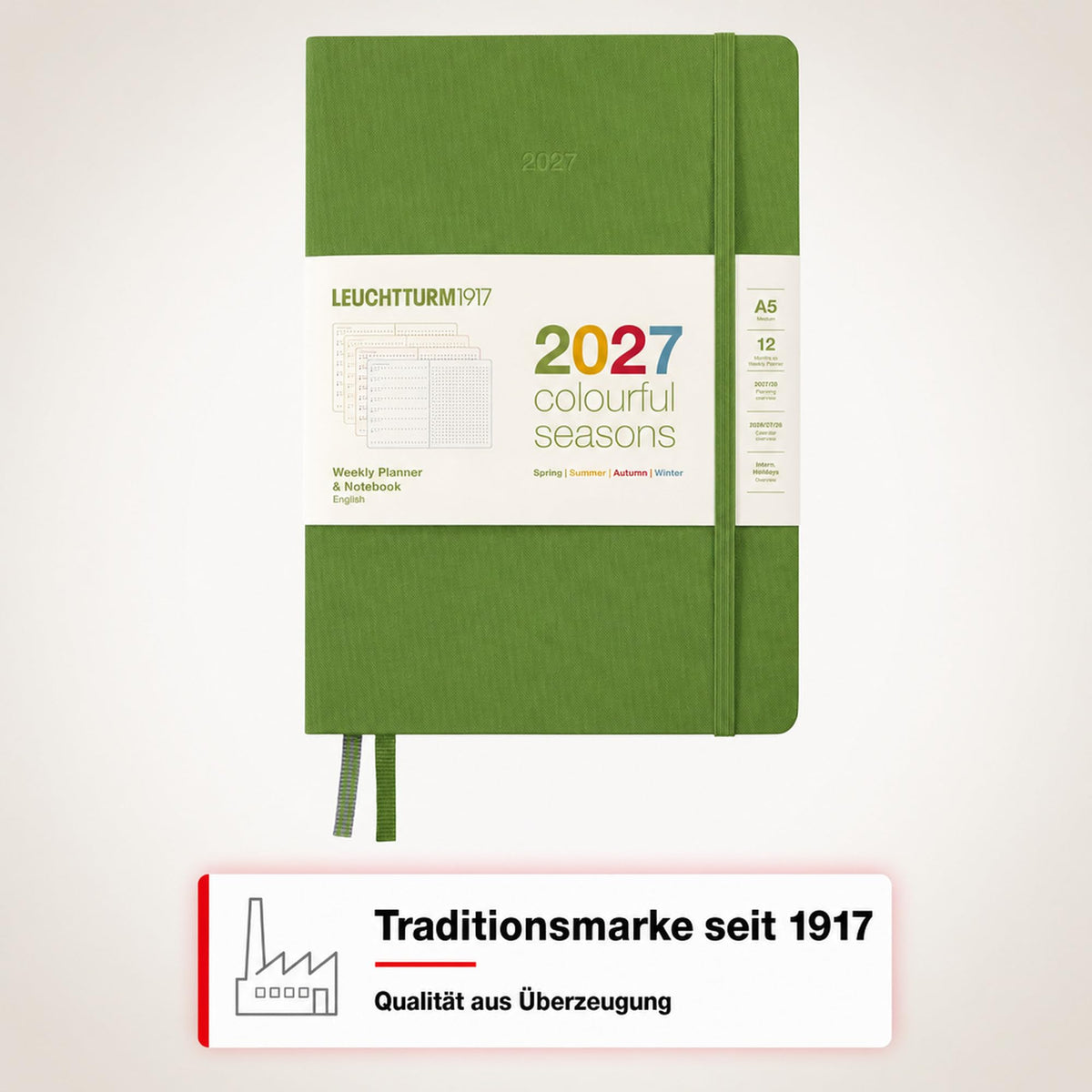 LEUCHTTURM1917 Calendar săptămânal și caiet cu punct mediu (A5) 2027, anotimpuri colorate, verde, engleză Prezentare generală a calendarului cu coperți cartonate 2026/2027/2028, prezentare generală a planificării 01.27-12.28, planificator de proiecte,