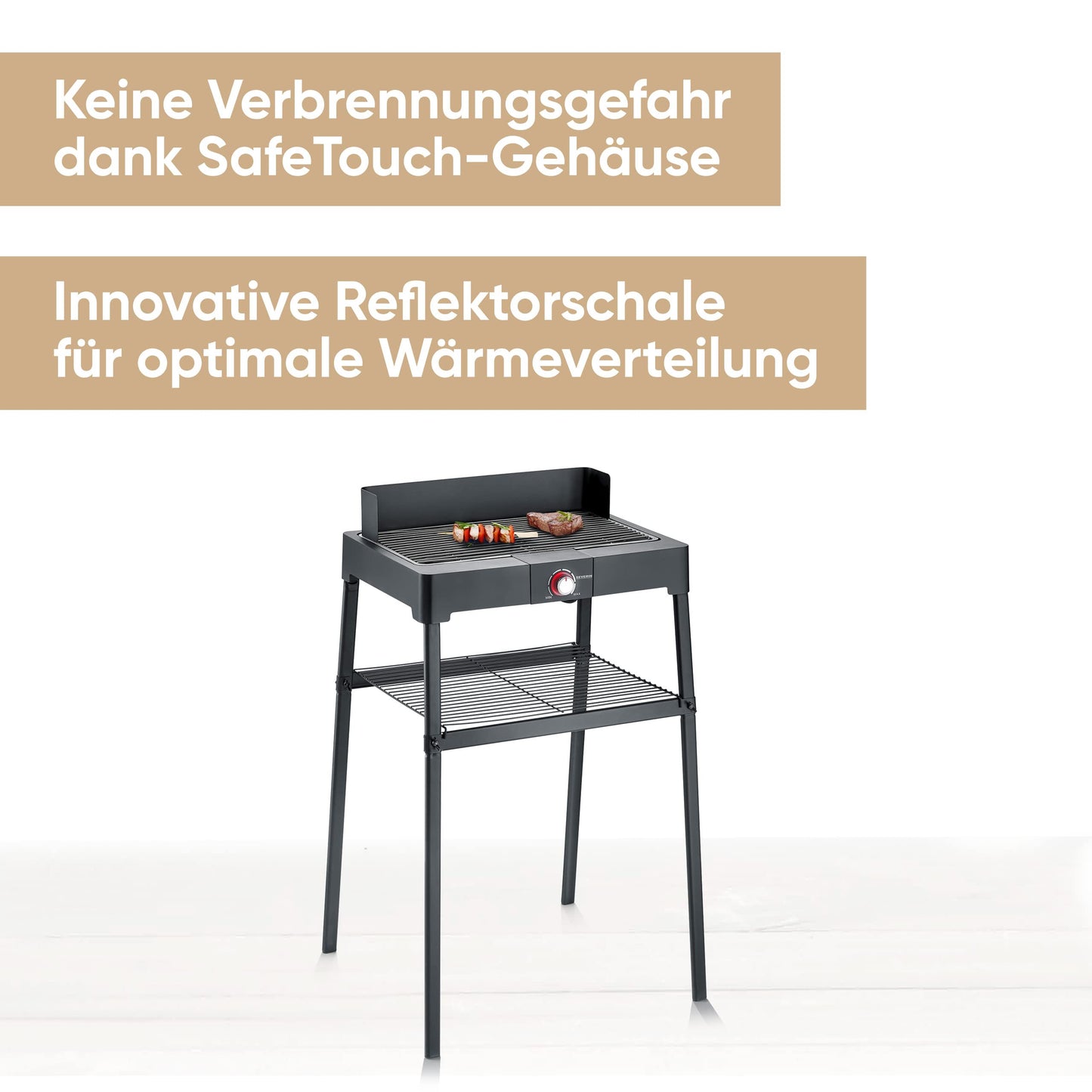 SEVERIN free-standing grill with stainless steel grill rack and base frame and storage rack, electric grill with quick grill start, balcony grill without risk of burns, black, PG 8566