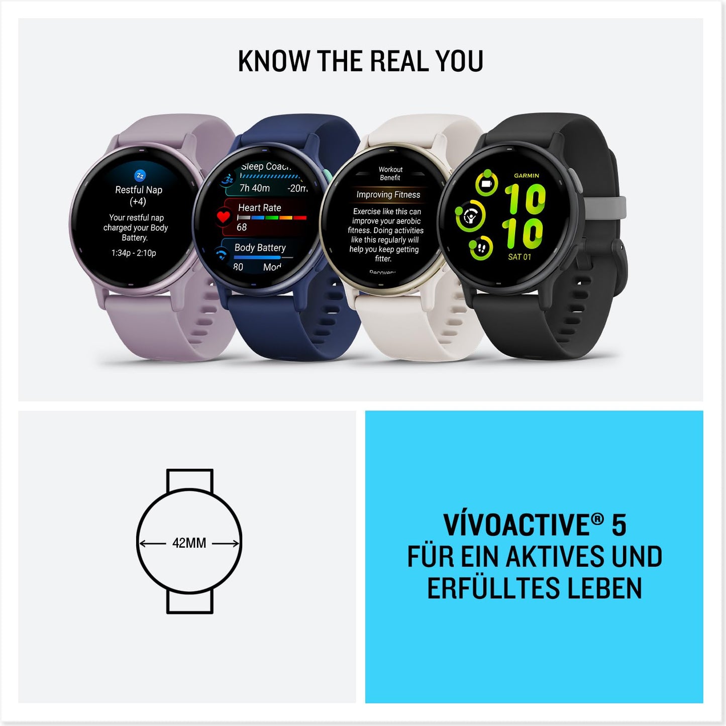 Garmin Vivoactive 5 42mm - GPS smartwatch with 1.2" AMOLED touch display, up to 11 days battery life, fitness and health functions, 30+ sports apps, music, GarminPay - 010-02862-12