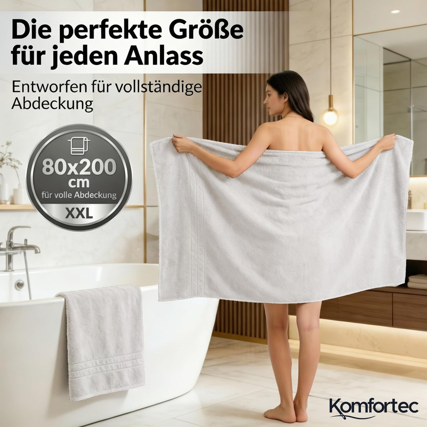 Komfortec 2 sauna towel set 80x200 cm, large sauna towels made of 100% cotton, sauna towels, fluffy and absorbent, quick-drying, white - 2er-80x200-weiss