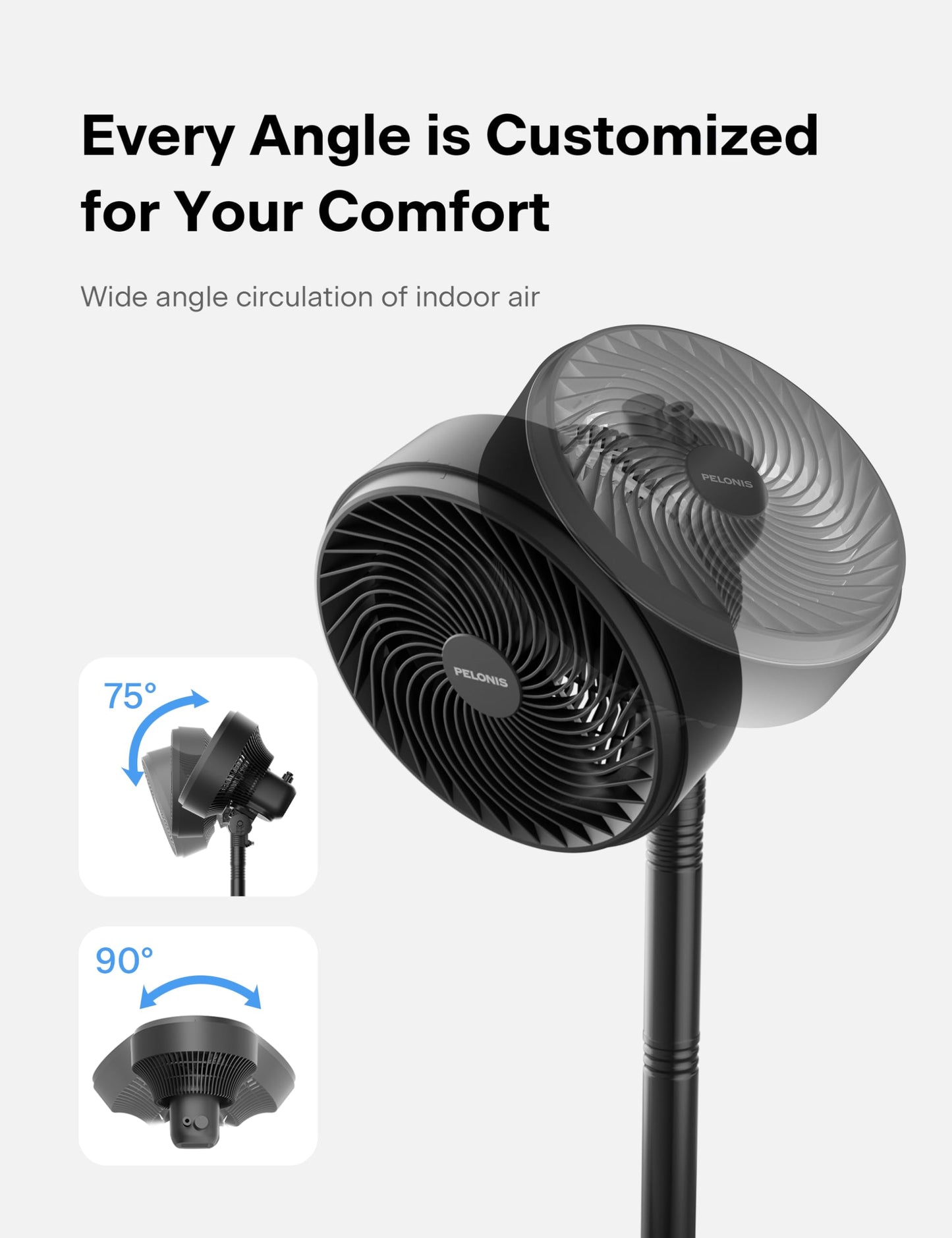 Pelonis 4-way height-adjustable column fan, ultra quiet oscillating fan with 90° swivel range and 3 speeds for bedroom, office, home, black - PE-FG18-22LAPH-DE