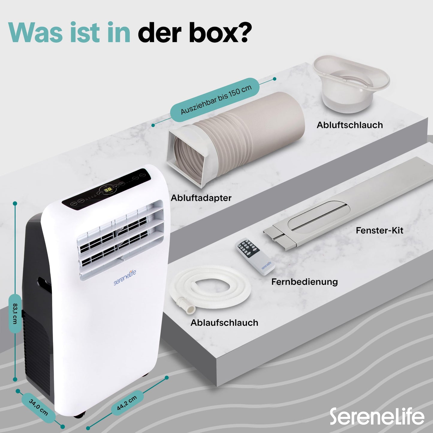 SereneLife Mobile Air Conditioner 4-in-1: Air Cooler, Fan, Dehumidifier + Heater - Portable Air Conditioner with Exhaust Hose, Remote Control & Kit for Rooms up to 42 m² - Window Mounting 9,000 BTU - SLACHT9EU