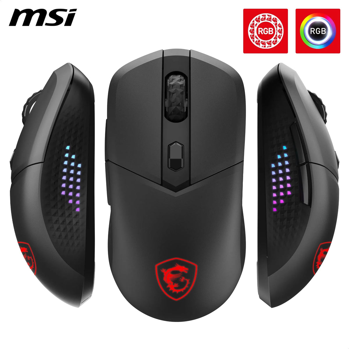 MSI Versa 300 Elite Wireless Gaming-Maus – senzor optic de 26.000 DPI, rată de polling de 1000 Hz, simetrică, switch-uri OMRON de 60 milioane de clicuri, baterie de 200 de ore, latență de 1 ms, RGB, 65 g – cablată/fără fir - S12-4301290-CLA