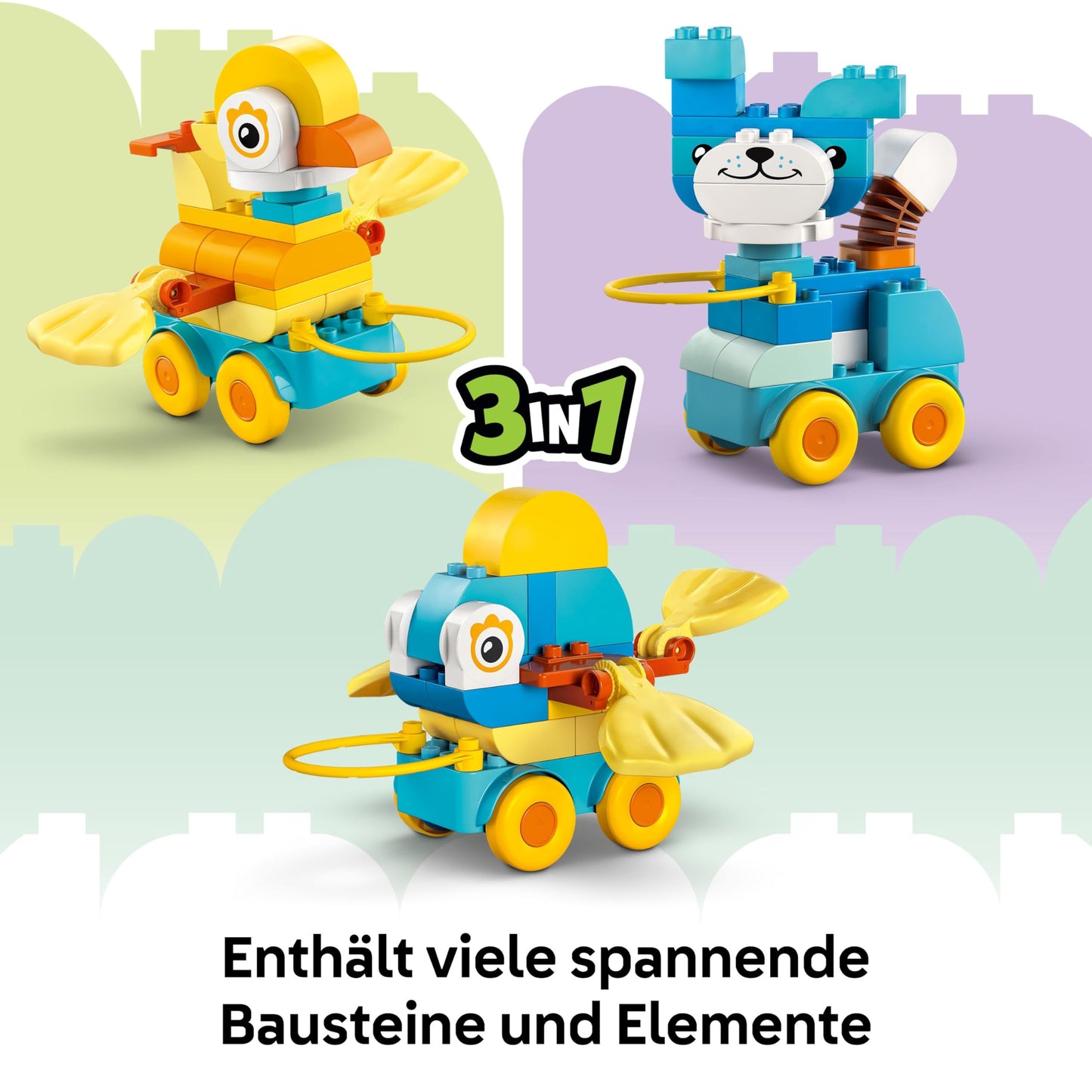 LEGO DUPLO Town Animals on Wheels 3-in-1 Set - Montessori Toy for Building Duck, Fish or Dog with Wheels and Pull Handle - Gift for Girls and Boys from 2 Years - 10448