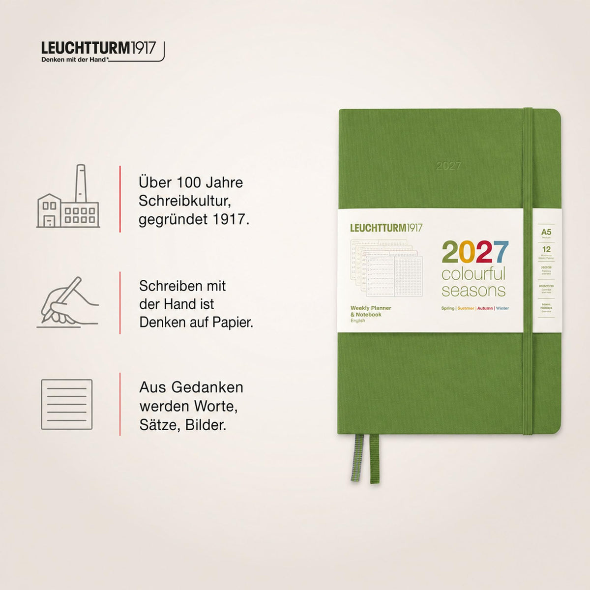 LEUCHTTURM1917 Calendar săptămânal și caiet cu punct mediu (A5) 2027, anotimpuri colorate, verde, engleză Prezentare generală a calendarului cu coperți cartonate 2026/2027/2028, prezentare generală a planificării 01.27-12.28, planificator de proiecte,