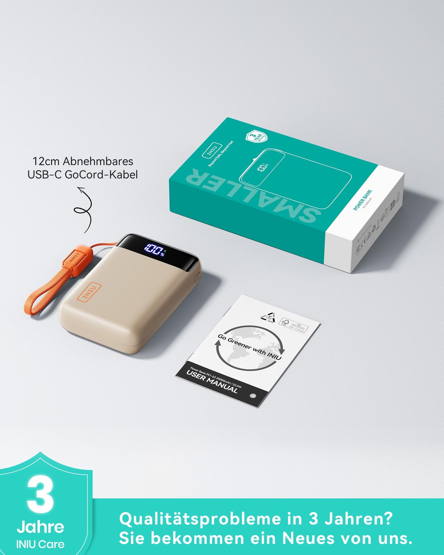 INIU Ultra Small 20000mAh Power Bank, 22.5W Quick Charge PowerBank with Removable USB C Cable, Flight-Friendly & Travel Essential, External Mobile Phone Batteries for iPhone 17 16 Pro, Emergencies, Power Outages, Beige - P512
