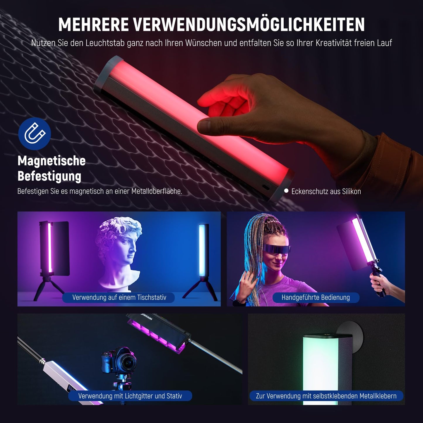 NEEWER RGB1 LED video light light stick with metal barndoor, touch bar/APP control, magnetic light stick RGB video light, 3200K-5600K CRI98+ dimmable handheld light stick with 6400mAh battery, 17 scenes