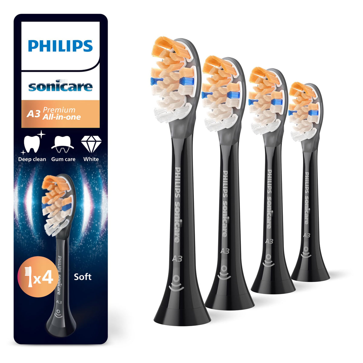 Philips Sonicare A3 Premium All-in-One, capete de periuță de dinți originale, negru, pachet de 4, HX9094/88