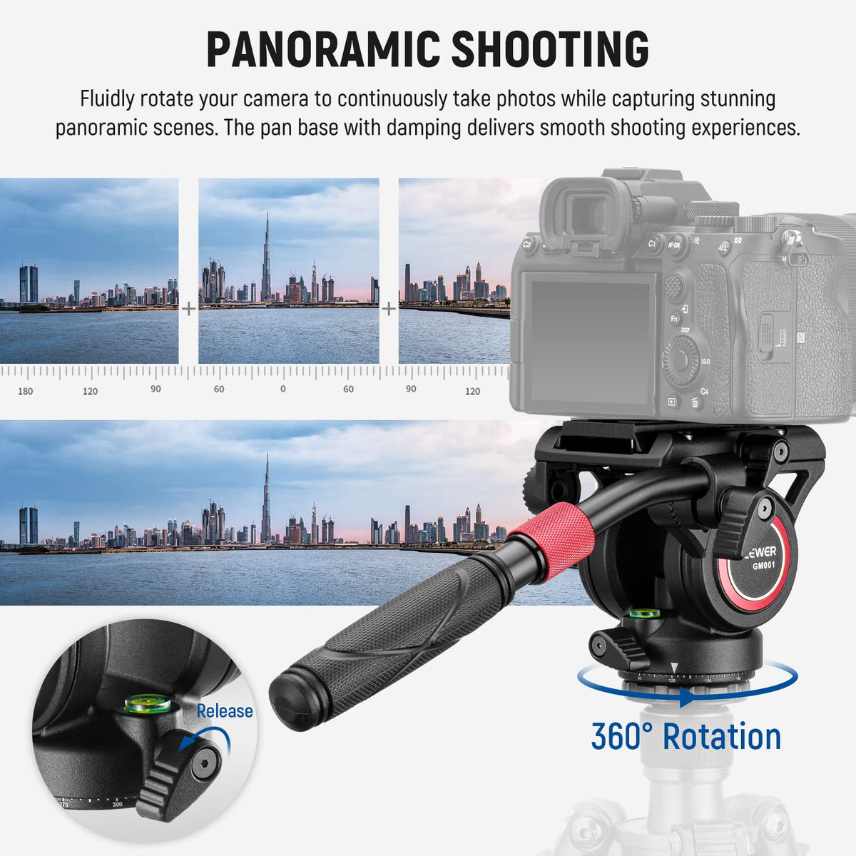 NEEWER Video Tripod Fluid Head with Quick Release Plate, compatible with Manfrotto, telescopic handle & panorama scaled base (⌀55mm), max. load 13.2lb/6kg, high load capacity for DSLR video cameras, GM001