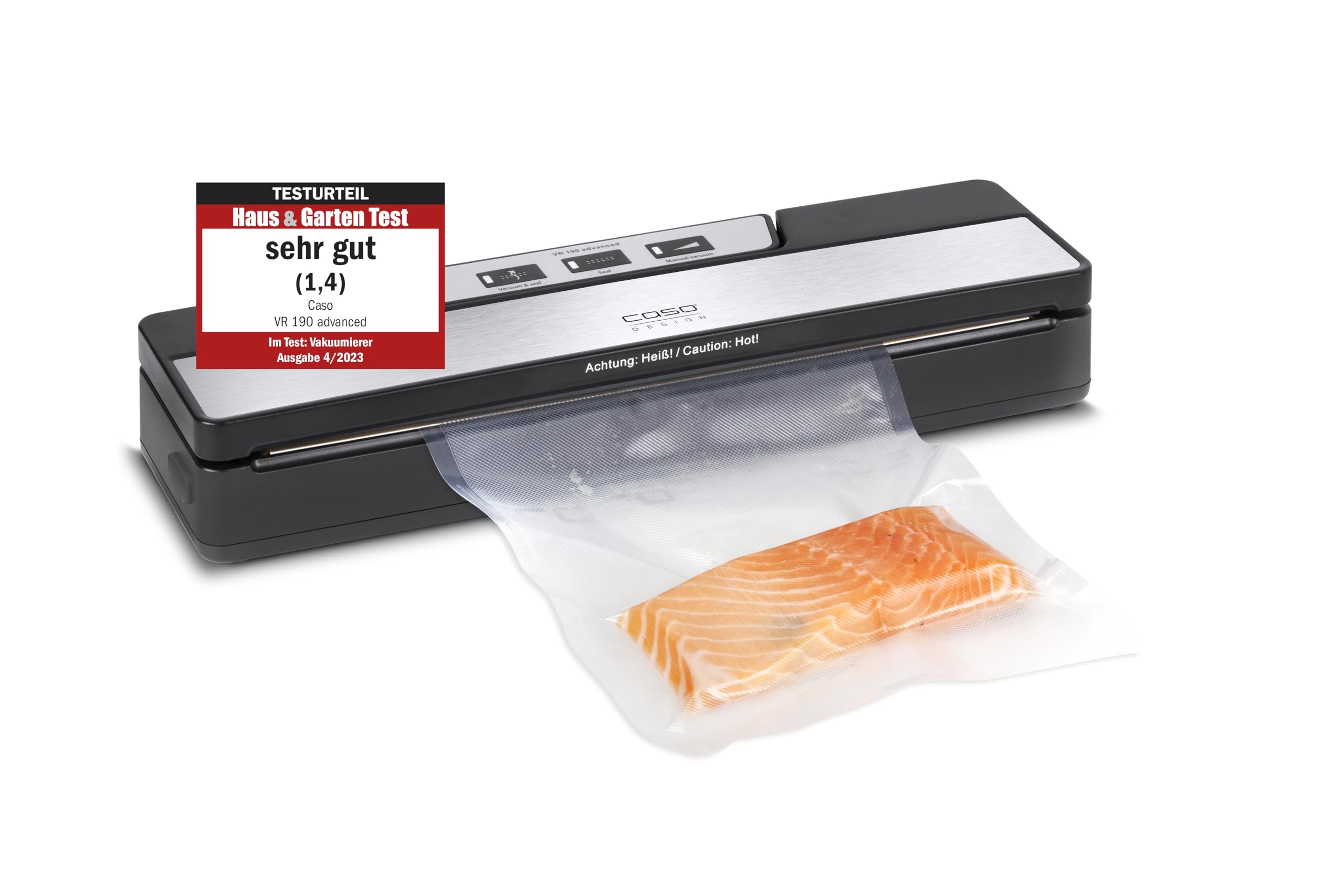 CASO VR 190 advanced vacuum sealer, test rating Very Good, film welding machine with 2.5 mm thick weld seam, up to 50 non-stop vacuum sealing processes, including 10 professional film bags - 1520