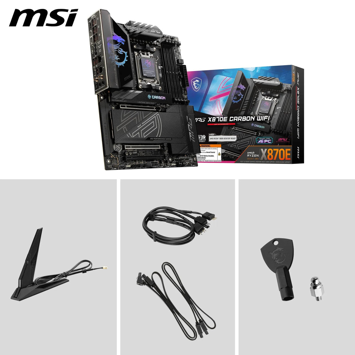 MSI MPG X870E Carbon WiFi Placă de bază, ATX - Suportă procesoare AMD Ryzen 9000/8000/7000, AM5-110A SPS VRM, DDR5 Memory Boost 8400+MT/s (OC), PCIe 5.0 x16 & 4.0 x16, M.2 Gen5, Wi-Fi 7, 5G LAN - 7E49-001R