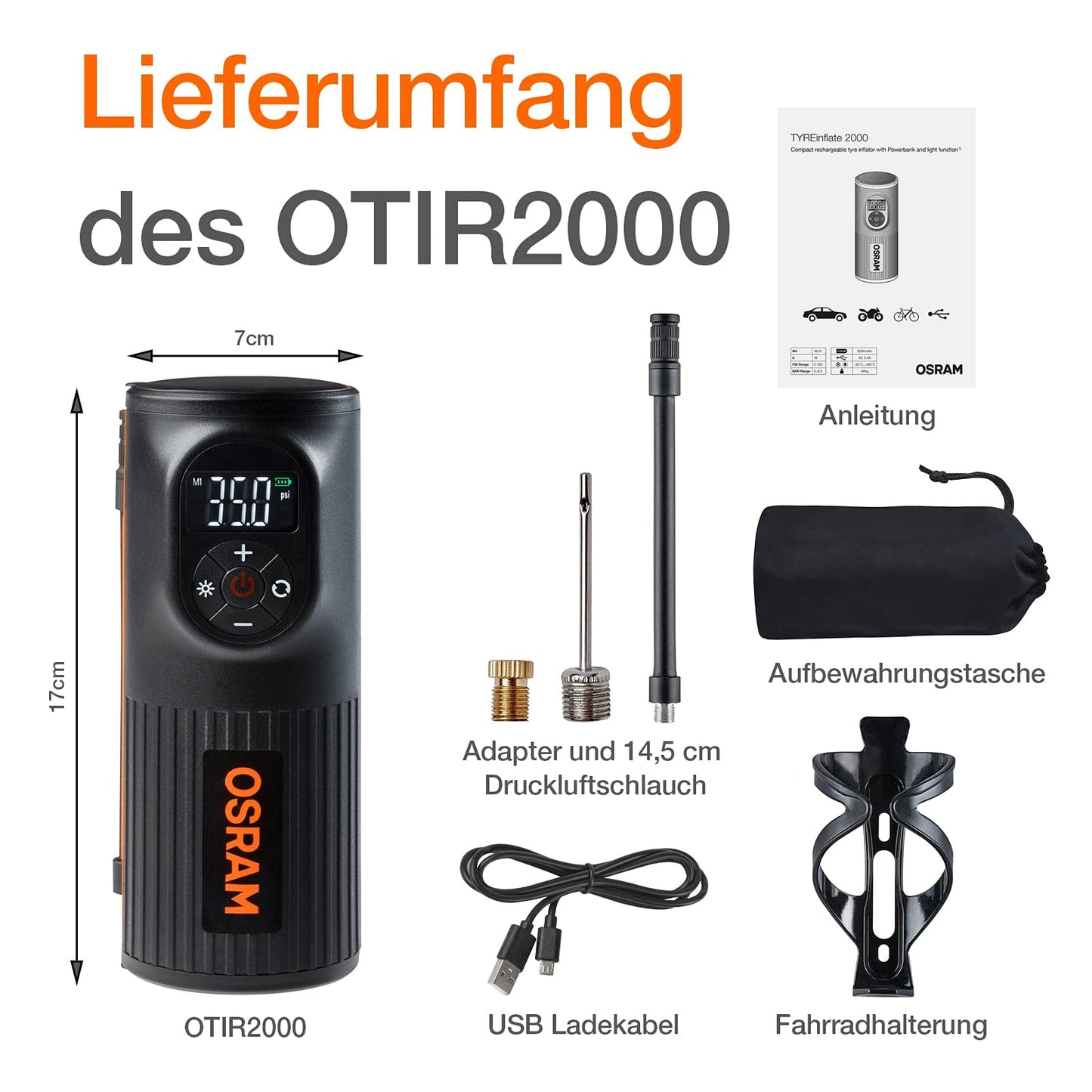 OSRAM TYREinflate 2000, compact rechargeable tire pump with LED light, portable compressor for tires, power connection via USB, tire filling in 2 minutes - OTIR2000