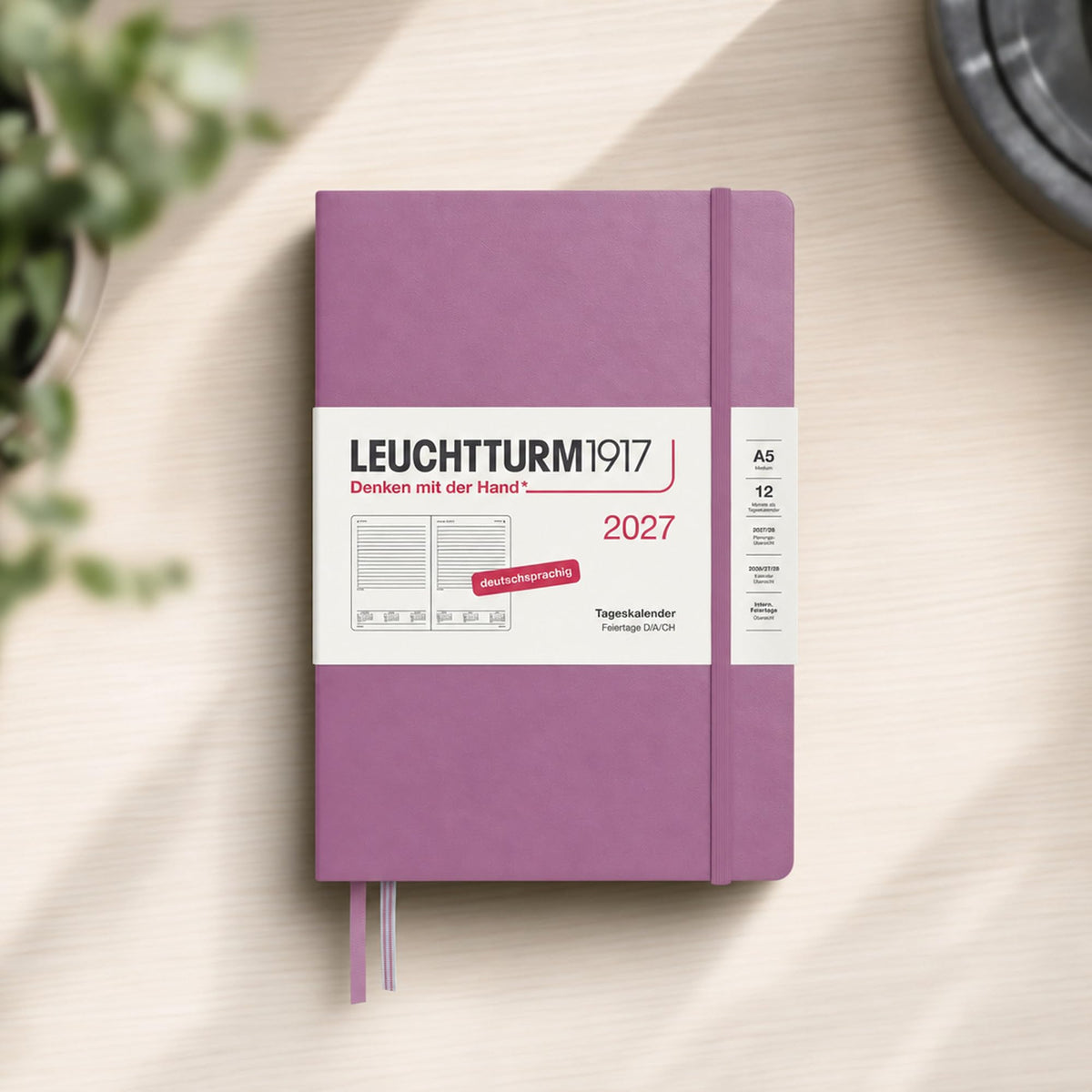 LEUCHTTURM1917 Daily Calendar 2027 Medium (A5) - German, Dusty Rose, 145 x 210 mm, January-December (12 months), 1 page per day, hourly grid 7:00 a.m. - 10:00 p.m., hardcover, 80 g/m² paper - 400158